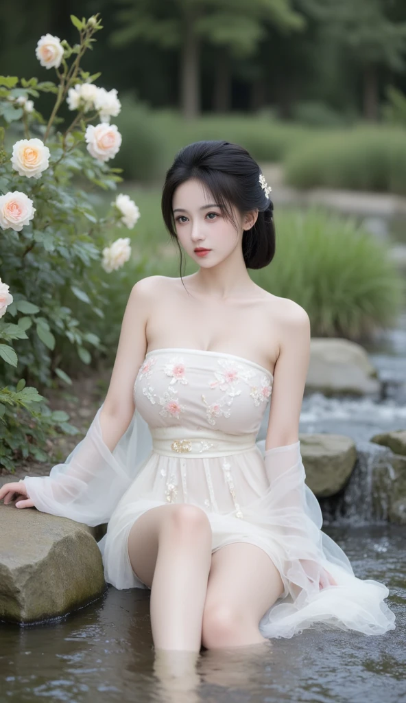 A female Vong Hồn sits by a misty riverbank, her tears falling silently into the water. Her spectral form is faint, with her long, white dress flowing around her like mist. The river is calm, reflecting the pale moonlight, but her sorrow is palpable, as if the water itself mourns with her. (having beautiful breasts: 1.33), (having clothes: 1.77).