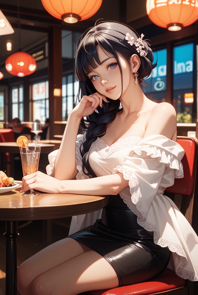 eating happily, eating dinner in a restaurant outside night time, pasta on table, black color pants, white color top, head and full body, Extremely cute human eighteen year old girl, bare legs, very beautiful and feminine, short, petite, beautiful breast, small, busty buttocks, large bust, large breast, bare legs, bare legs, cleavage display, split skirt, flat belly display, detailed eyes, detailed nose, super detailed on face, partial accessory with earring on the ear, very stylish, award-winning product design, tights, split skirt, bare legs, Shiny breast top opens at the cleavage and abdomen, stylish, glowing trims, atmospheric perspective, 8k, super detail, Accurate, best quality,