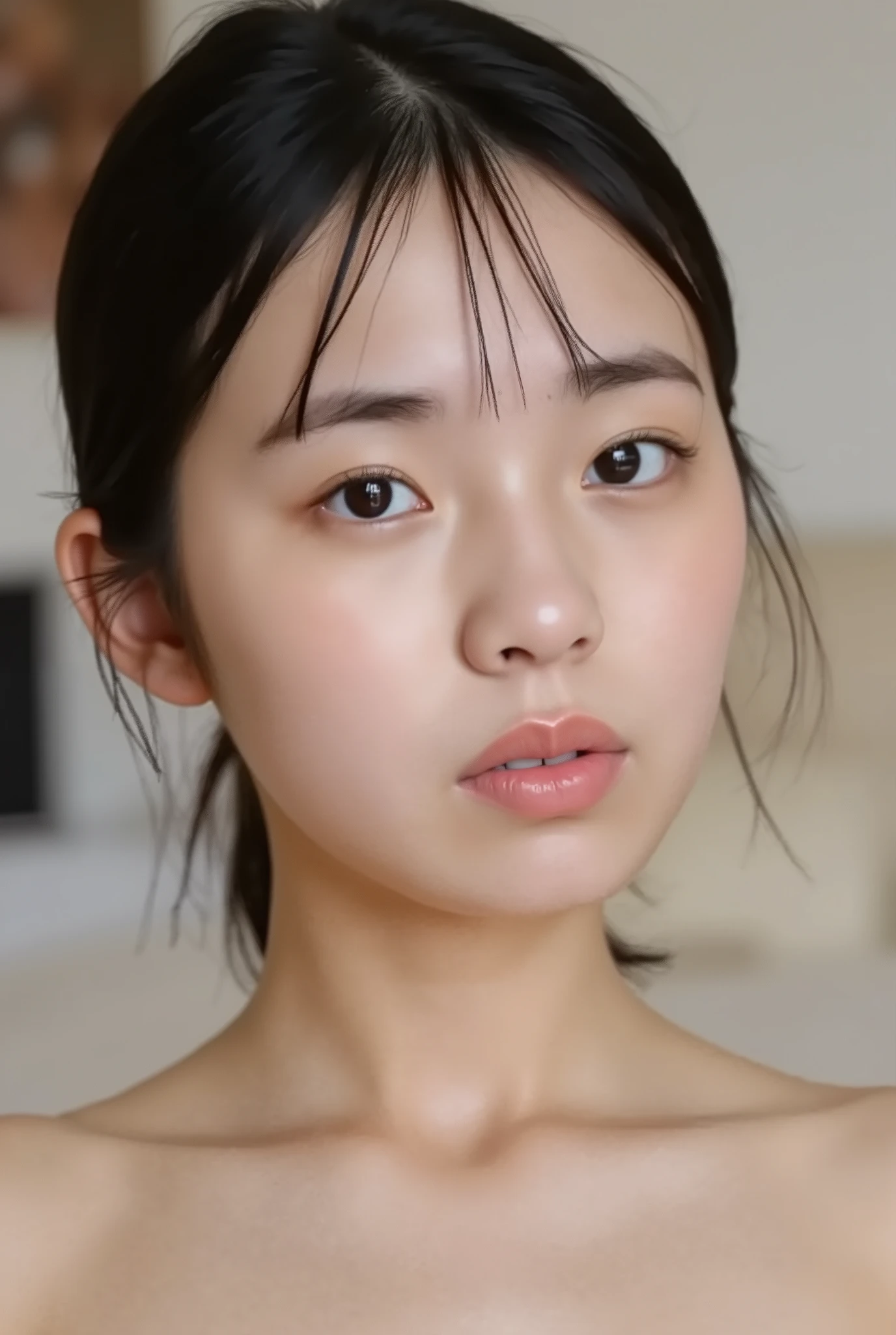 (( Highest Quality, 8K )), ((masterpiece)), ( details), Japanese ,1 girl, women , sexy,( in the bedroom),((( abnormally large breasts , completely naked, beautiful breasts, short bob hair))), black hair , (( without makeup, small eyes))