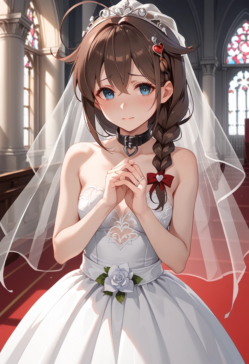 Low - Angle, NSFW, Misaka Mikoto, wedding dress, bridal gauntlets, bridal veil, wedding ring, bouquet, blush, small breasts, church, uhd, retina, masterpiece, ccurate, anatomically correct, textured skin, super detail, high details, high quality, best quality, highres, 4K