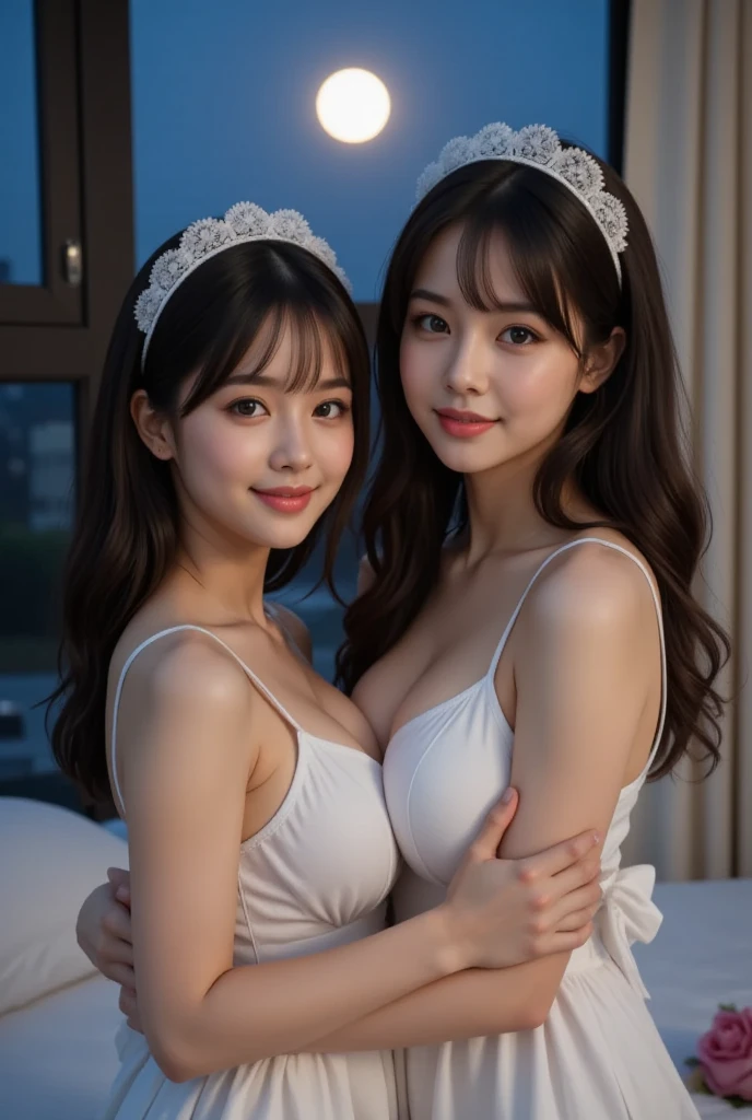 finely detail, high resolution, high quality、Perfect dynamic composition, Beautiful detailed eyes, PONY tail hair, perfect breasts 、Natural Color Lip, up of face,Kamimei、2 girls in、Transparent skin、Glowing hair、 luxury clothes、tight skirt、intricate lace、complex dress、intricate hair ornament、Complex earrings、Complex necklaces、bedroom, hug together, perfect hands, perfect fingers , hourglass body, cleavage, see thought , hold breast, night, dim light, eros, sexy pose, shiny_skin, warm, lingerie, sweet