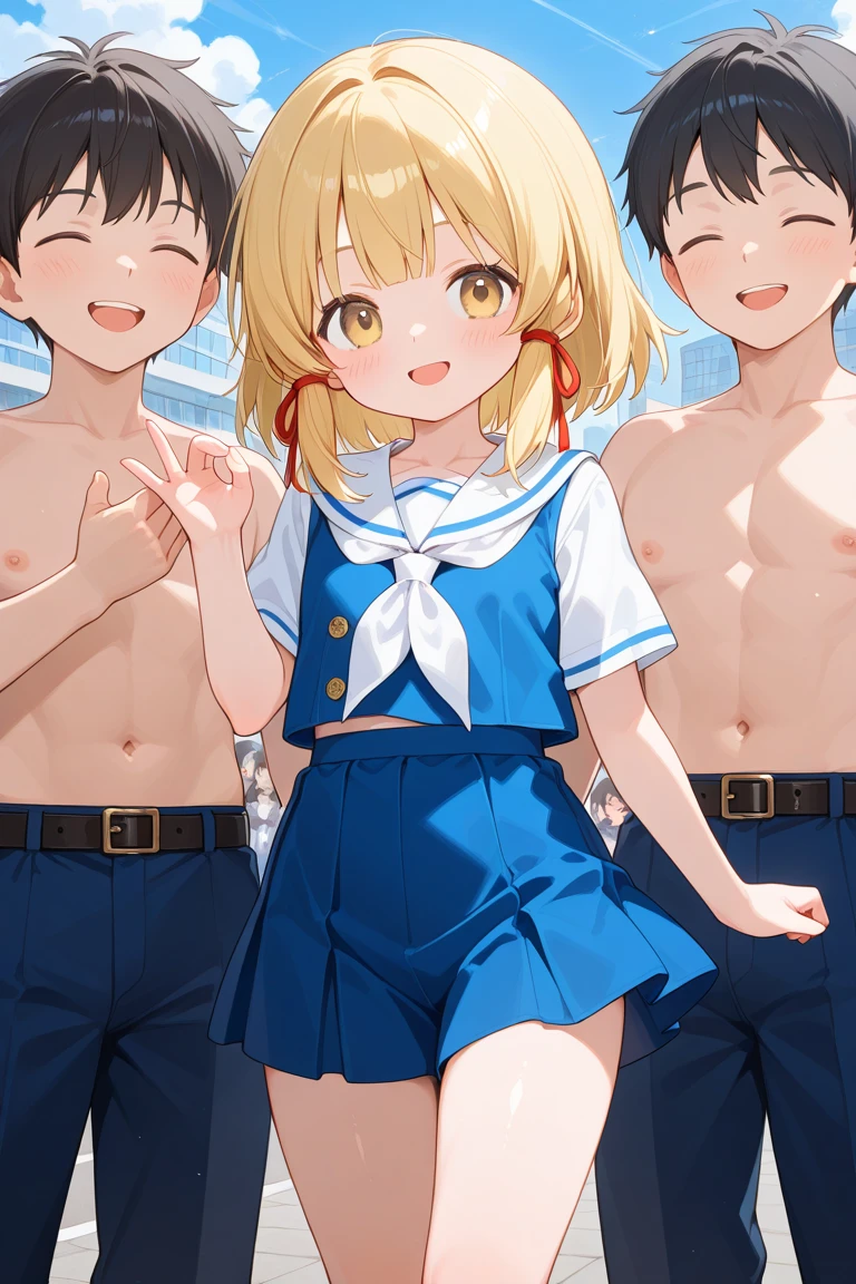 Blonde nudist girl squatting、A lot of close elementary school boys hugging each other、surround each other'neck of、laughter and joy、long shot、group selfie、picnic、leaning forward、whisper