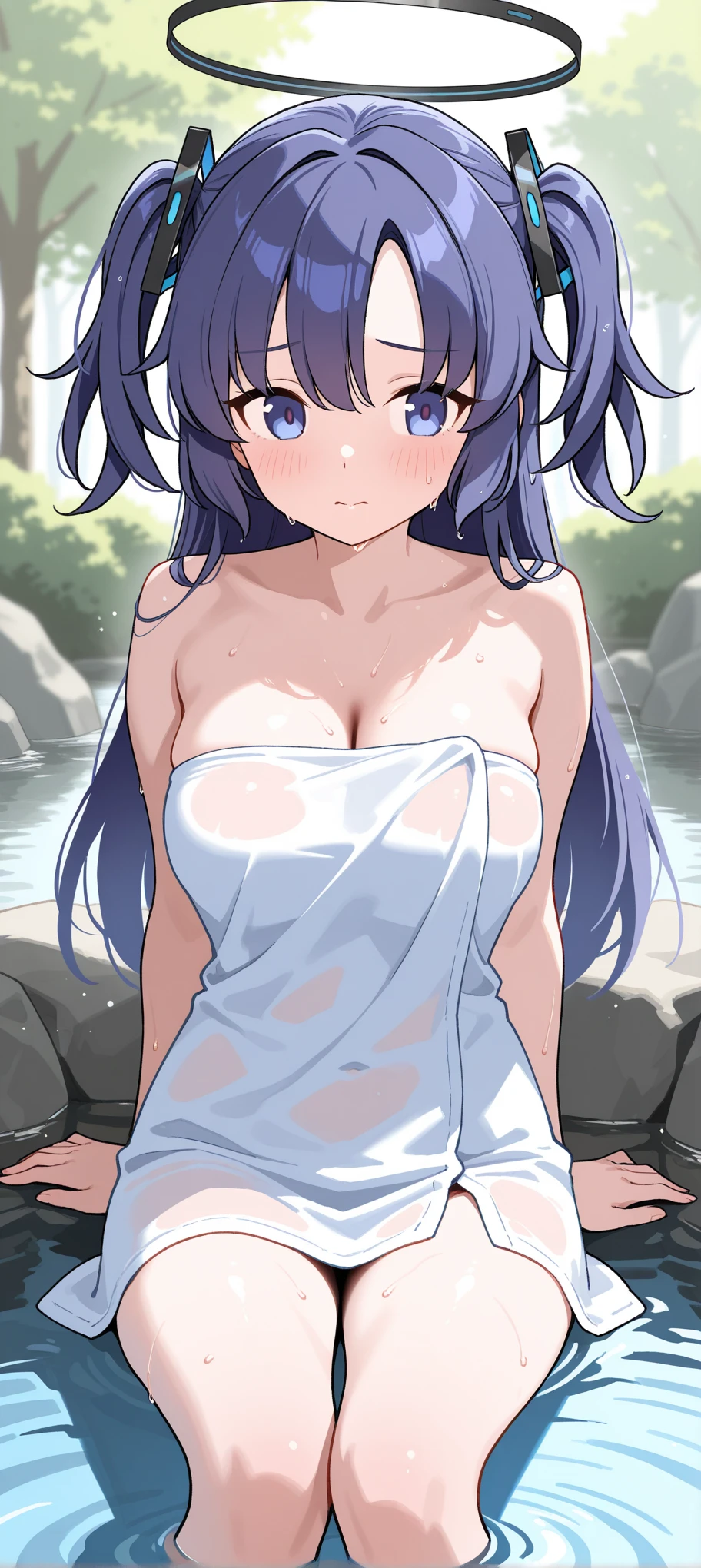1girl, nsfw, furuderika, long hair, purple eyes, blue hair, blunt bangs, empty eyes, large breasts, nipple, Walking, Abandoned Hotel, frozen, wet, crying, Naked, (1girl) Blank look, solo, , Peeing, lactation, projectile lactation