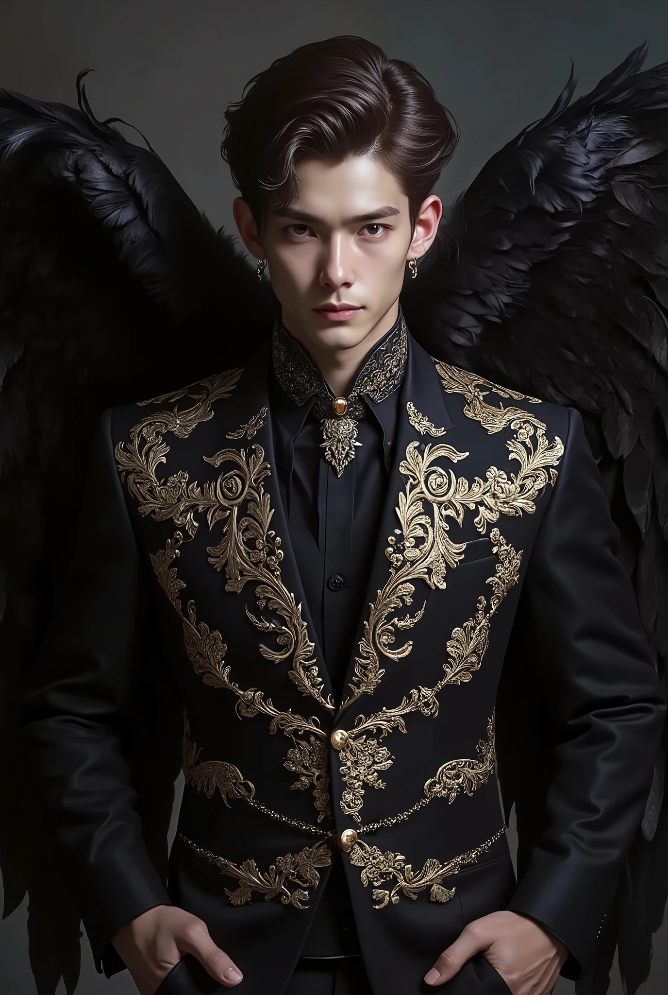 Character Style Keywords:
Dark angel
Elegant male model
Black feathered wings
Regal fantasy outfit
Embroidered black suit
Noble demon aesthetic
Royal court fashion
Intense stare
Heroic masculine beauty
Aristocratic warrior
Art Style Keywords:
High fashion fantasy
Dark fantasy elegance
Ornate baroque detailing
Ultra detailed fabric textures
Rich embroidery
Cinematic lighting
Moody background
Editorial fantasy portrait
High-resolution realism
Atmosphere / Vibe Keywords:
Mysterious and powerful
Divine darkness
Fallen angel theme
Gothic nobility
Authority and grace
Mythical presence
Extra Descriptive Keywords:
Raven wings
Gold-thread embroidery
Sculpted jawline
Victorian-meets-fantasy couture
Epic character portrait