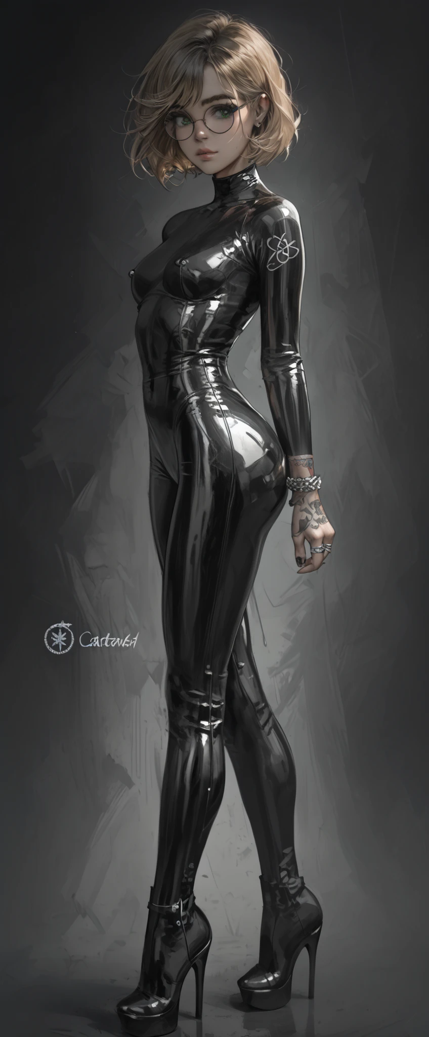 Freehand simple pencil drawing style. (((black and white))) . Young woman with blonde brown hair, bob haircut straight hair , 18 years old, skinny, not tall , green eyes, . wide hips . round glasses. naked. sexy. Tattooed right arm and shoulder. Sexy latex transparent catsuit. Sexy. Thigh high boots with high heels and platform. Monochrome
