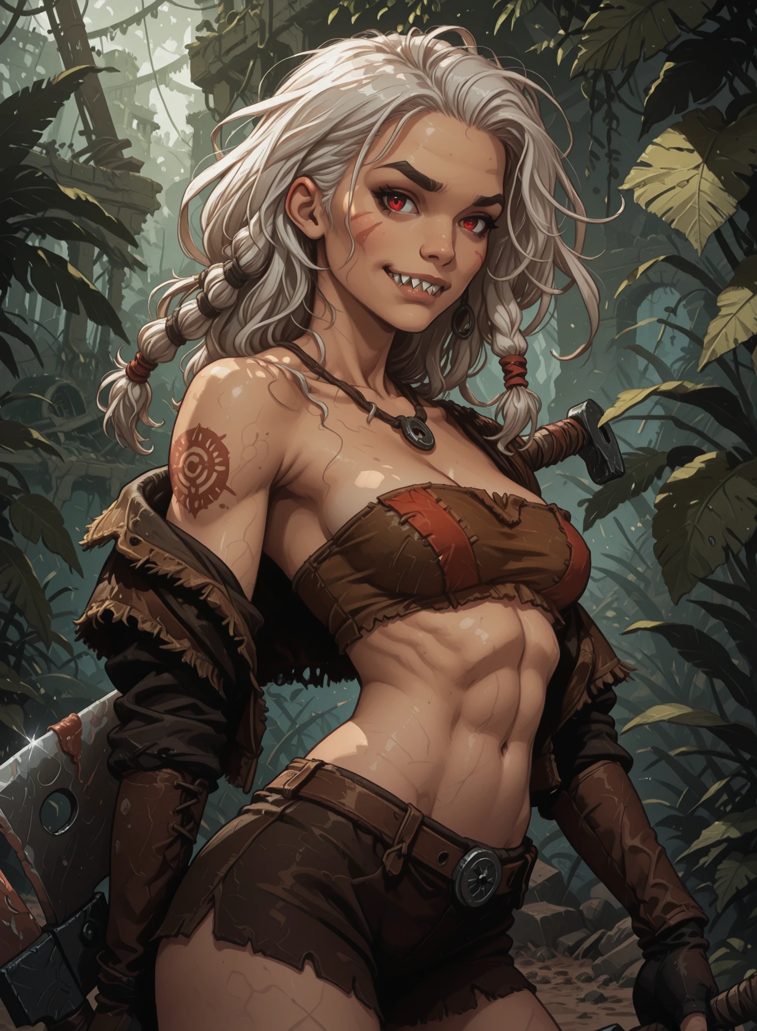 Slender body. White skin. Cute 18-year-old Asian girl with Asian red eyes and sharp teeth and dreadlocks with white highlights. She has a cute and beautiful face. She has a round and ish face with a pointy chin. Her body is athletic with abs. She wears medieval aztec leather clothing. Background: medieval jungle ruins. Realistic lighting. DnD art-style. She has got a massive meat-cleaver on her back. Looking at the viewer.