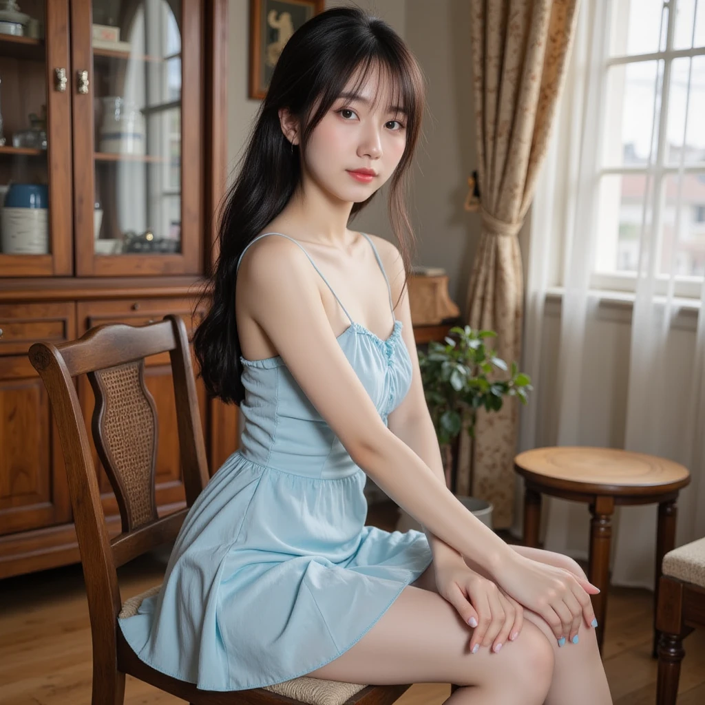 A photo of a slender girl, wearing gray dress, lifting up dress and exposing crotch