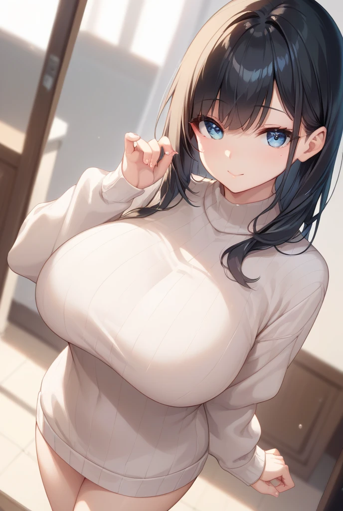 (highest quality, High resolution, perfect pixel, Depth of bounds written, 4K),
beautiful anime girl,
looking at the viewer,
perfect body,
(blush all over the face:1.3), open mouth, smile, embarrassed,
short hair, black hair, blue eyes, huge breasts,
(breasts on desk),
white oversized knit sweater,
indoor,
focus breasts, from below,