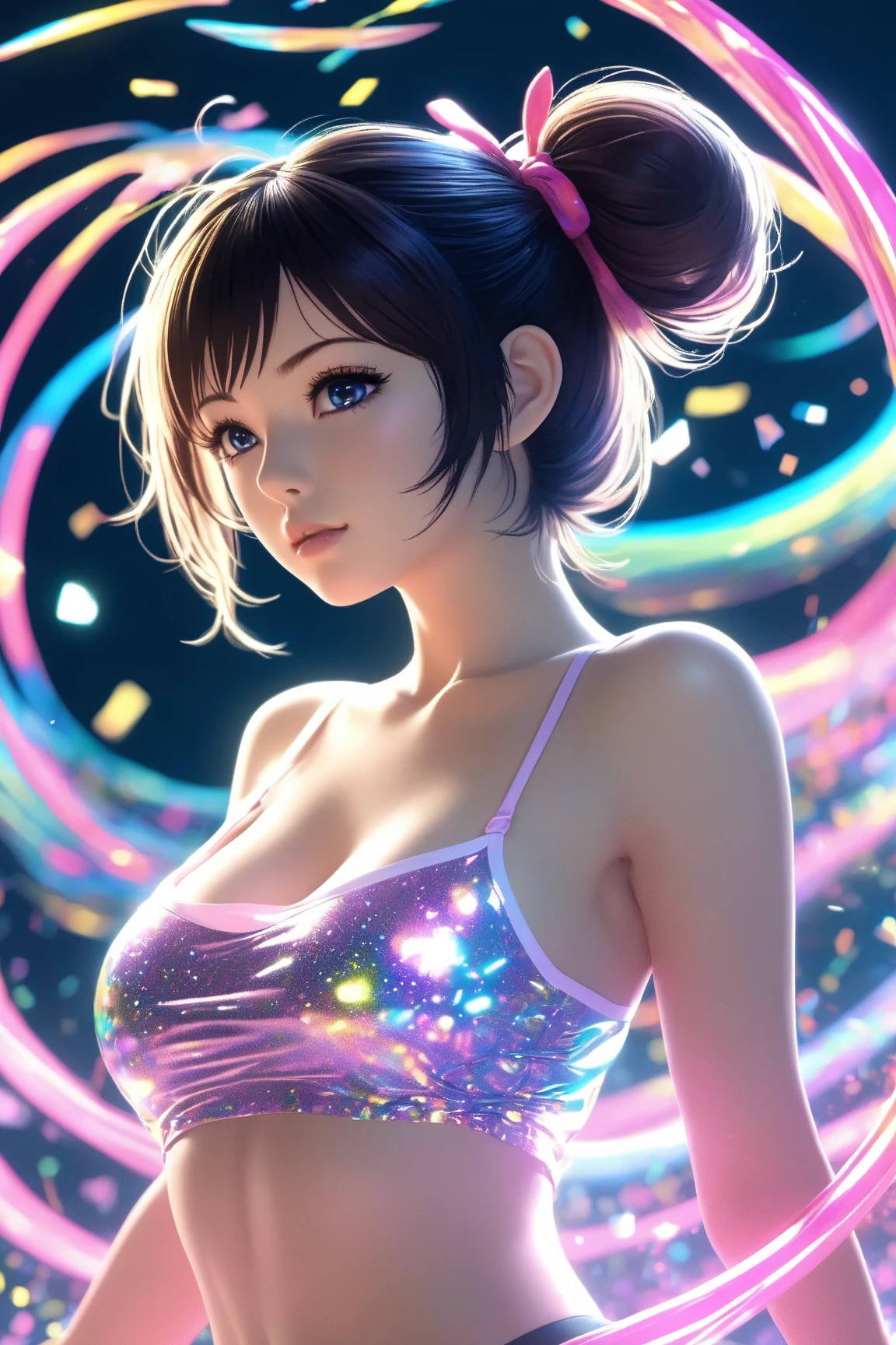 1 girl wearing headphones, beautiful detailed eyes, beautiful detailed lips, extremely detailed face and eyes, long eyelashes, perfect skin, black hair, large breasts, dj, dj booth, dancing to music, club, night live house, red laser lights, blue laser lights, random laser points, virtual reality, golden laser beams, purple laser lights, dj, live stage, realistic fingers, detailed natural fingers, best quality, 4k, 8k, highres, masterpiece:1.2, ultra-detailed, realistic, photorealistic:1.37, HDR, UHD, studio lighting, ultra-fine painting, sharp focus, physically-based rendering, extreme detail description, professional, vivid colors, bokeh