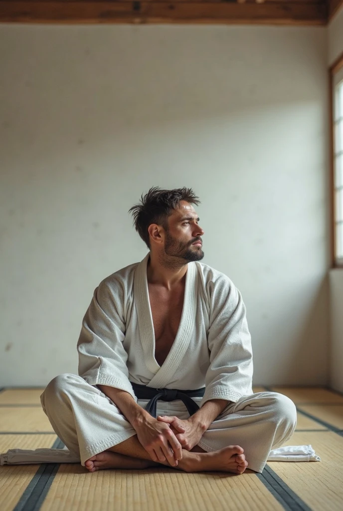 "A man wearing a taekwondo uniform is sitting on the floor performing a split, with a pained expression on his face. Another person is holding his waist. The floor is covered with a green mat, and there are other people in taekwondo uniforms around him."