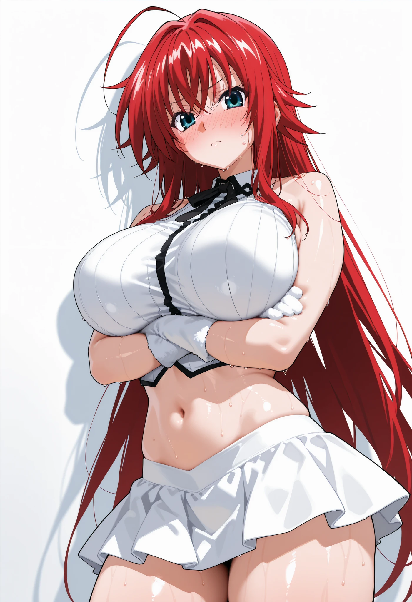 (masterpiece), Anime Style,solo,alone,only 1 girl,Rias Gremory standing, large bust pressed into a white cat-themed crop top with a cat-shaped cutout and matching fluffy gloves, tight white mini-skirt accentuating her slim waist and thick thighs, arms crossed under her chest creating slight lift and compression, standing against a pale wall with soft shadows, subtle blush on cheeks, confident yet pouty expression, glossy skin highlights, ultra-detailed anime style, 8k, masterpiece, clean background
, , COWBOY SHOT, detailed rendering, smooth skin ,, looking at viewer, nose blush, shiny legs, shiny body, shiny hair, clear skin, clear body, sweat, sweaty, sweaty:1.3, solo, thick thigh, thick thighs, solo, female, large breasts,, looking at viewer, large breasts, STANDING, POSING, COWBOY SHOT, NICE LEGS, opaque clothes, WHITE BACKGROUND, EMPTY BACKGROUND, HUGE BREASTS, view from side below
