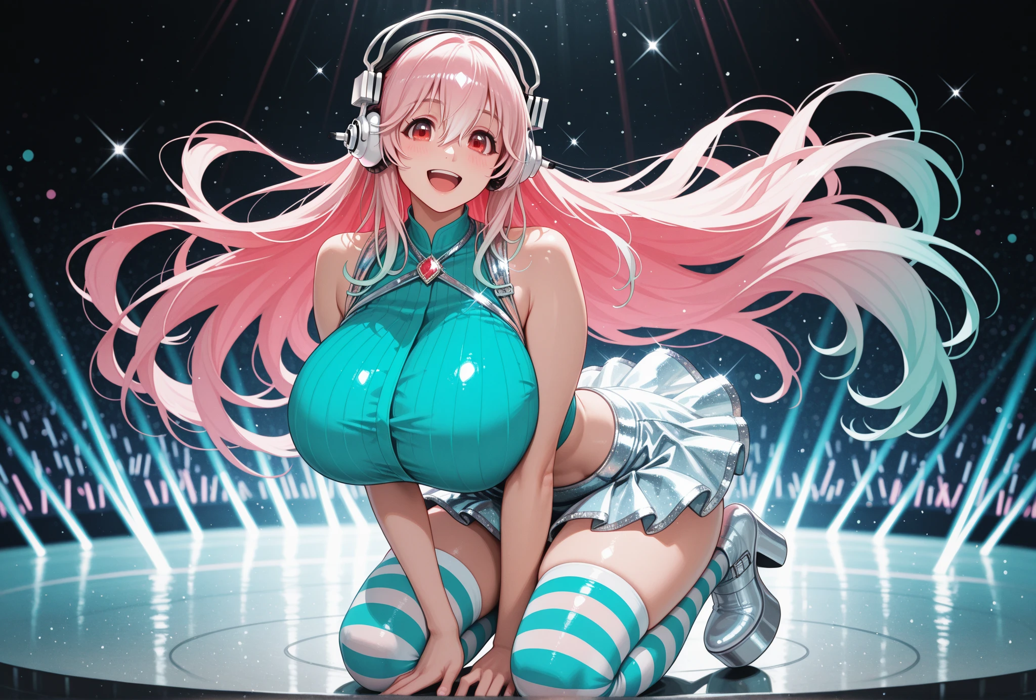 (realistic,photo-realistic:1.37), high-resolution (4k, best quality), The realistic portrayal and photorealistic rendering techniques intensify the lifelike quality of the image, making it a true masterpiece, her eyes are even and both deep with color and detail. super sonico has pink hair, She is riding on top of a horse and is wearing suspenders, she has big nude
