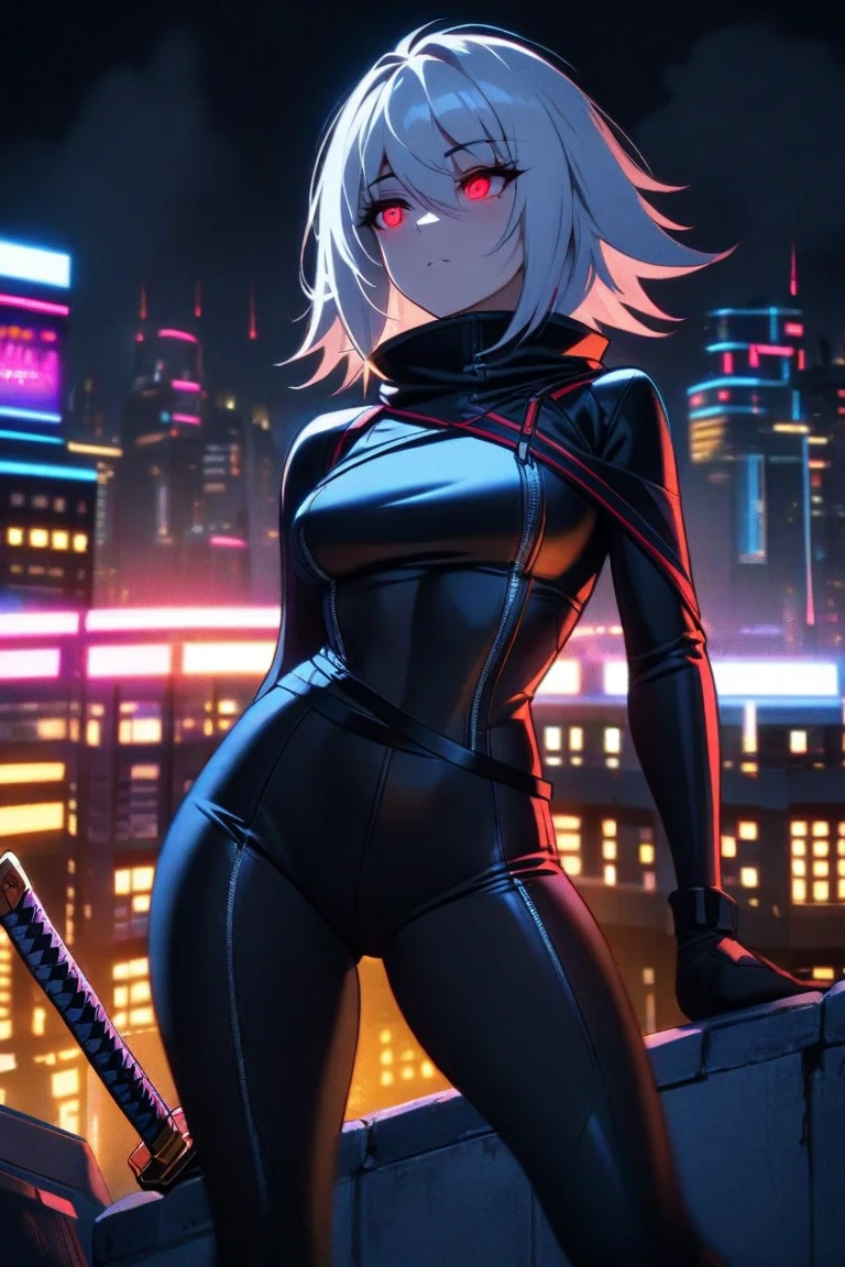 lucy \(cyberpunk\), 1girl, back, cyborg, from behind, upper body,belt, black belt, black leotard, black pants, blurry, bob cut, clothing cutout, grey hair,cropped jacket, cyberpunk, depth of field, science fiction, short hair, solo, outdoors,outdoors, night, moon, cyberpunk \(series\), cyberpunk edgerunners <lora:lucyCyberpunk_35Epochs:0.7>