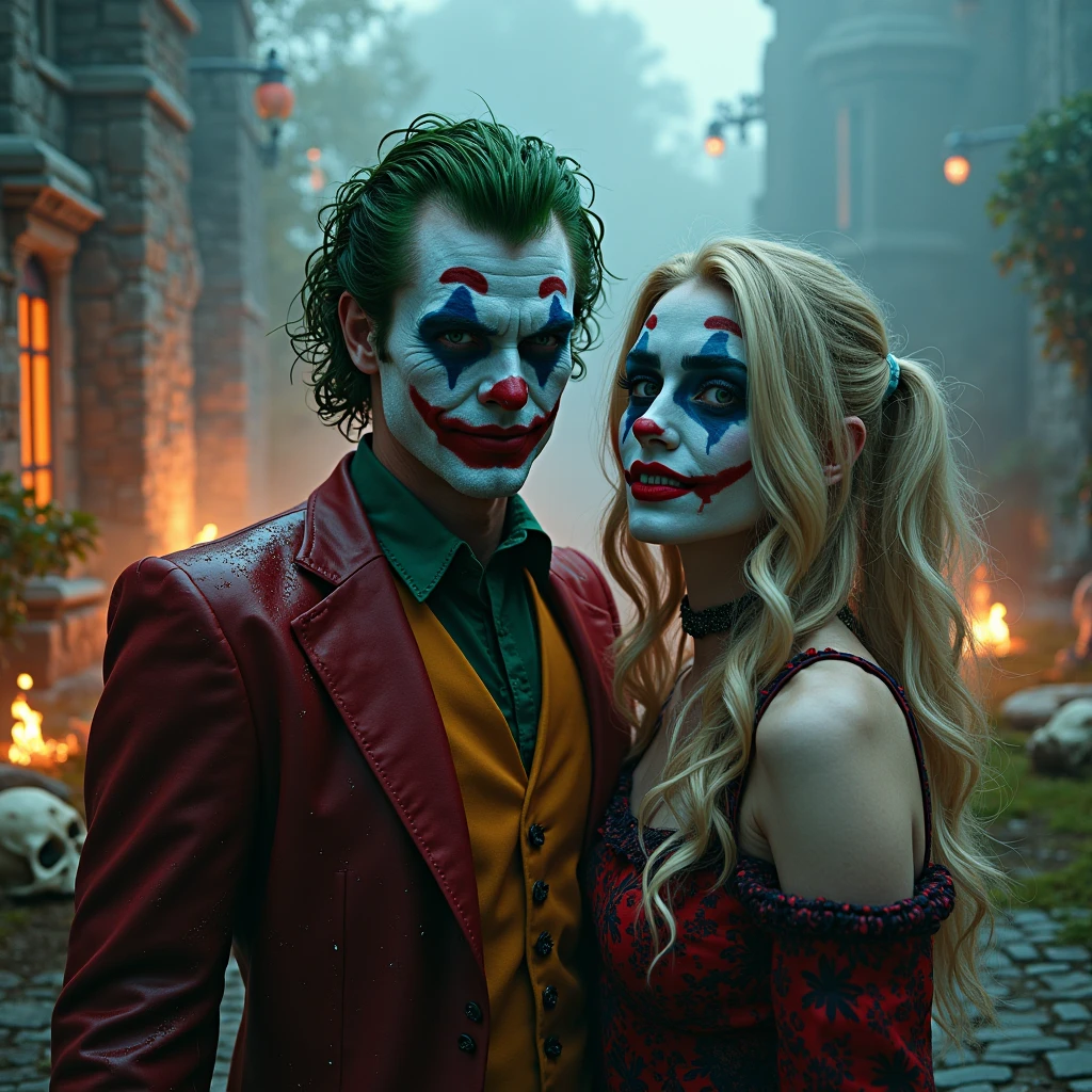 16K HD high quality image, photo realistic. seen very close, man, Heath Ledger nette, wet hair and wet face, bad joker, visage effrayant, maquillage qui coule, sensation de peur, of fears, catacombe très étroit, very vaulted ceiling, drops of water flow from the vault, Very dark, very humid, tète man touche plafond de la voute, visage éclairer uniquement par bougie vacillante. grand sourire moqueur, regard moqueur, terrifiant, almost killer. Arrière plans Very dark presque noir. in the background, Femme Margot Robbie nette, avec les trais d'Harley Quinn. face is often made up in white, rappelant le style d'un clown, avec des traits accentués par des yeux soulignés de noir épais et un rouge à lèvres vif, often red or black. She has a mischievous and roguish look., terrifiante, often accompanied by a wry smile. She sometimes sports a small black heart drawn on one of her cheekbones.. unpredictable, excentrique et parfois chaotique. She is both cheerful and full of energy., but can switch to violent or dangerous behavior in an instant. She has a quirky sense of humor and enjoys playing pranks.. wet blonde hair styled with two pigtails with blue and pink highlights falling on her shoulders