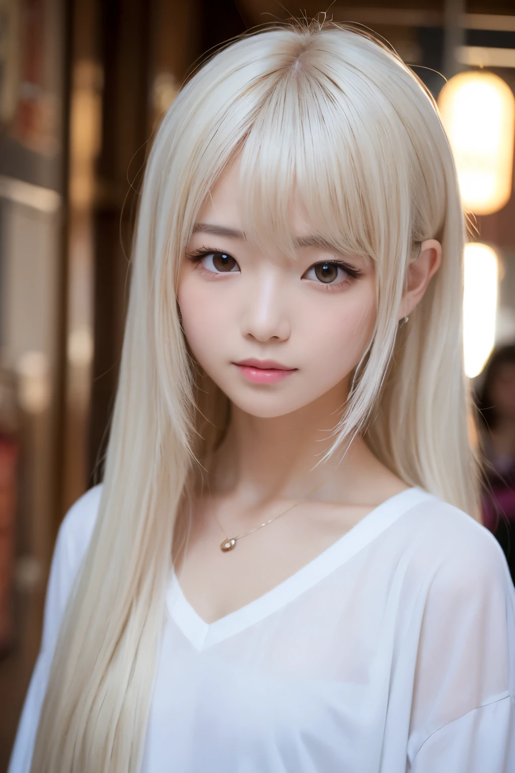 Silver Shiny Hair、Super long straight silky hair、Dazzling blonde, super long, silky hair、16 year old cute little beautiful face、Beautiful girl、A radiant blonde dancing in front of a beautiful face、length, Silky bangs that cover the area between the eyes、so beautiful, bright, big, bright青い目、Very big eyes、Hair that hides the face、Sexy and cute young woman with super long bangs、Very white skin、Cheek Gloss Highlighter、Small Face Beauty、Primary color off-shoulder t-shirt、Ample Bust