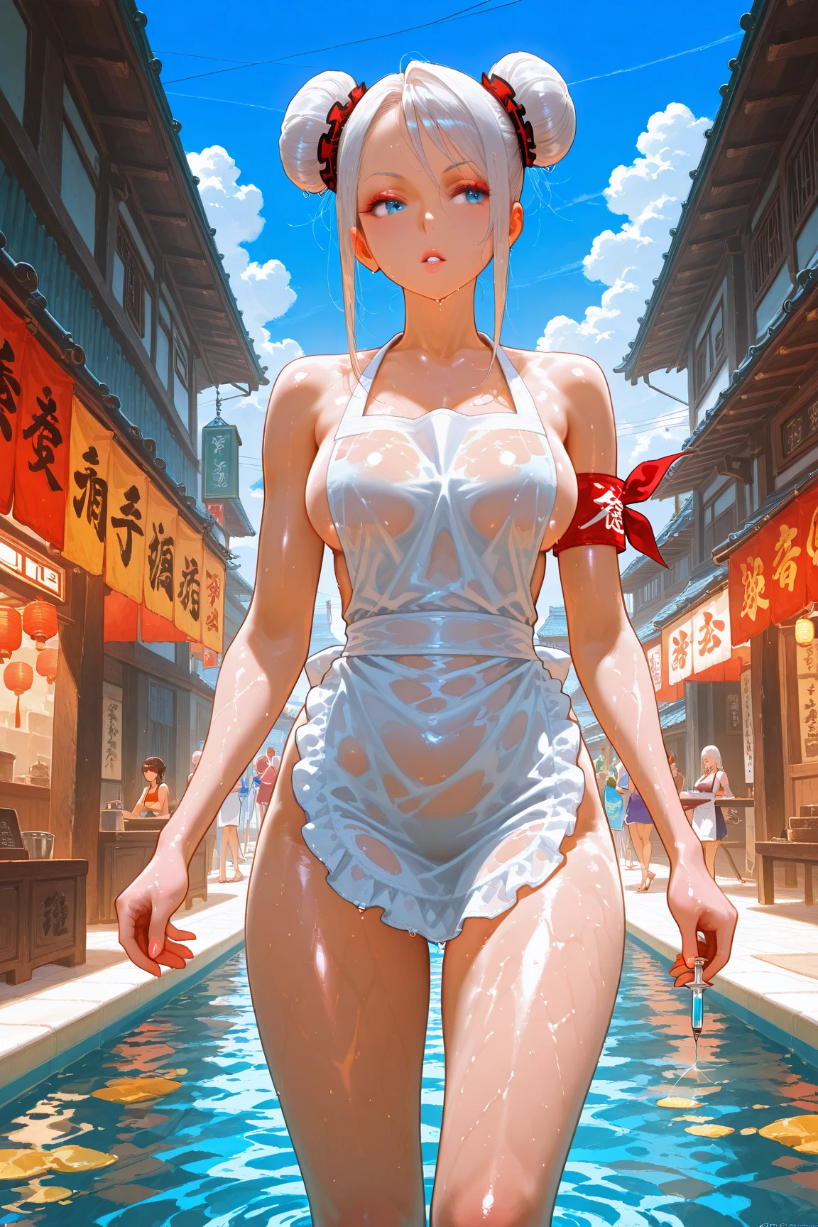 1girl, 45yearold woman, white small towel covering body, full body, coming after bath