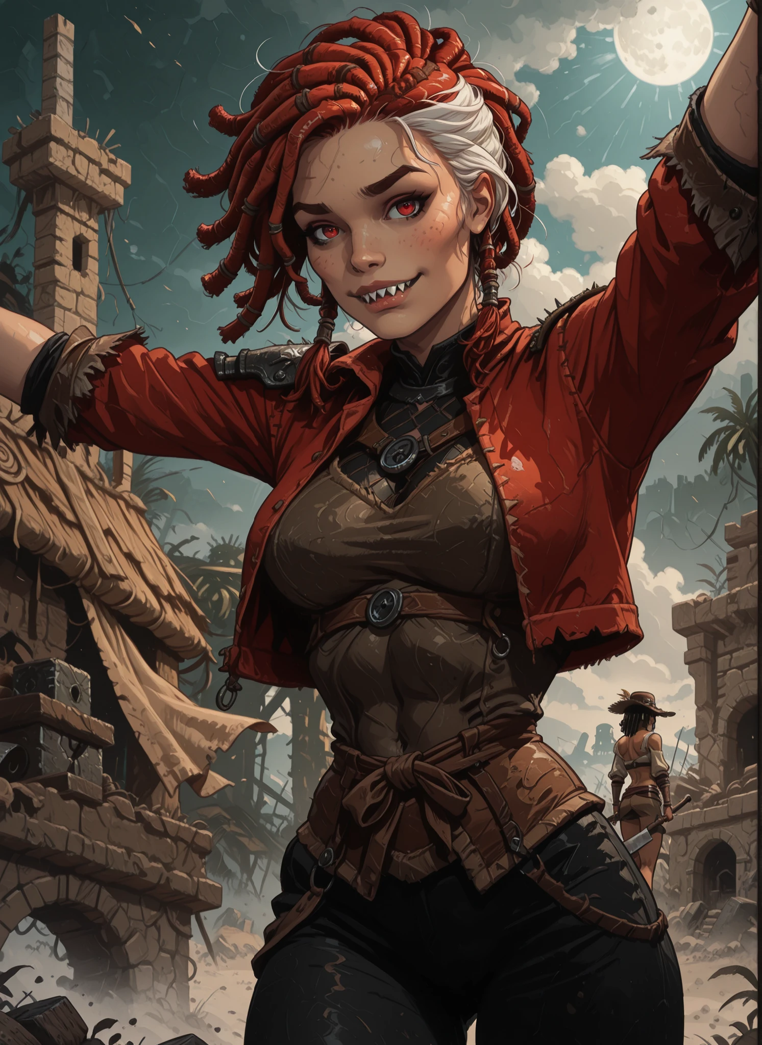Slender body. White skin. Cute 18-year-old Asian girl with Asian red eyes and sharp teeth and dreadlocks with white highlights. She has a cute and beautiful face. She has a round and ish face with a pointy chin. Her body is athletic with abs. She wears medieval aztec leather clothing. Background: medieval jungle ruins. Realistic lighting. DnD art-style. She has got a massive meat-cleaver on her back. Looking at the viewer.