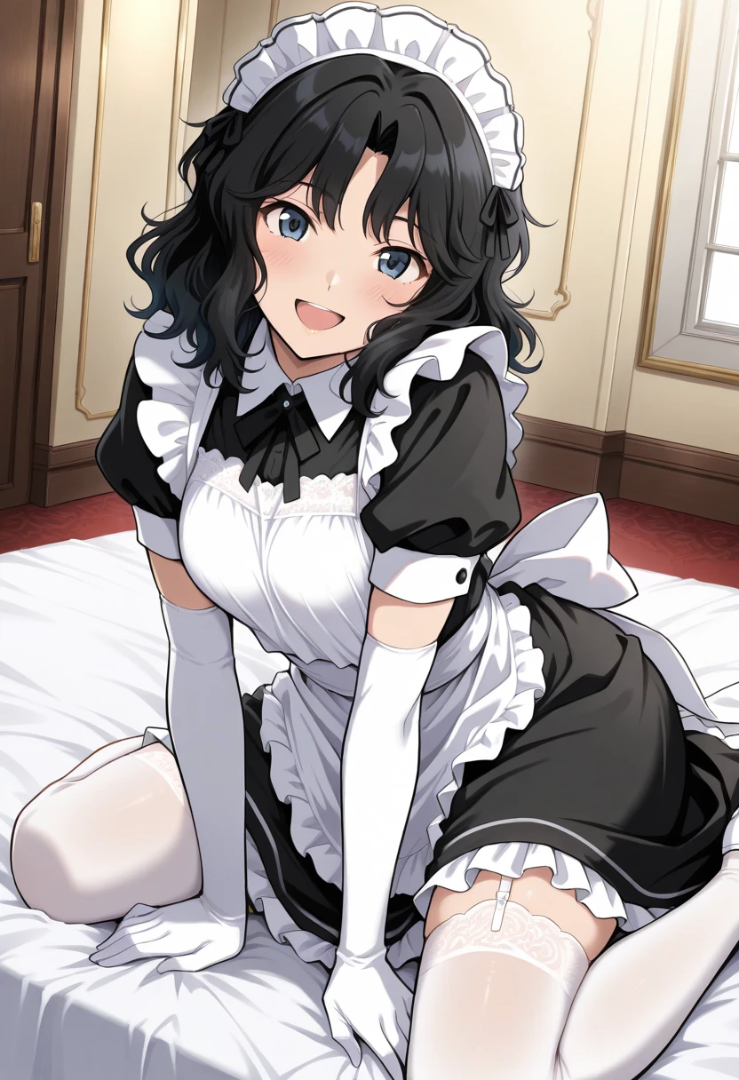 18-year-old boy,cute,Wear the maid outfit and a black work tie,Wear black pants,Wear black booties,Wear white gloves,Black hair,Black eyes,blush,sweat,porn pose