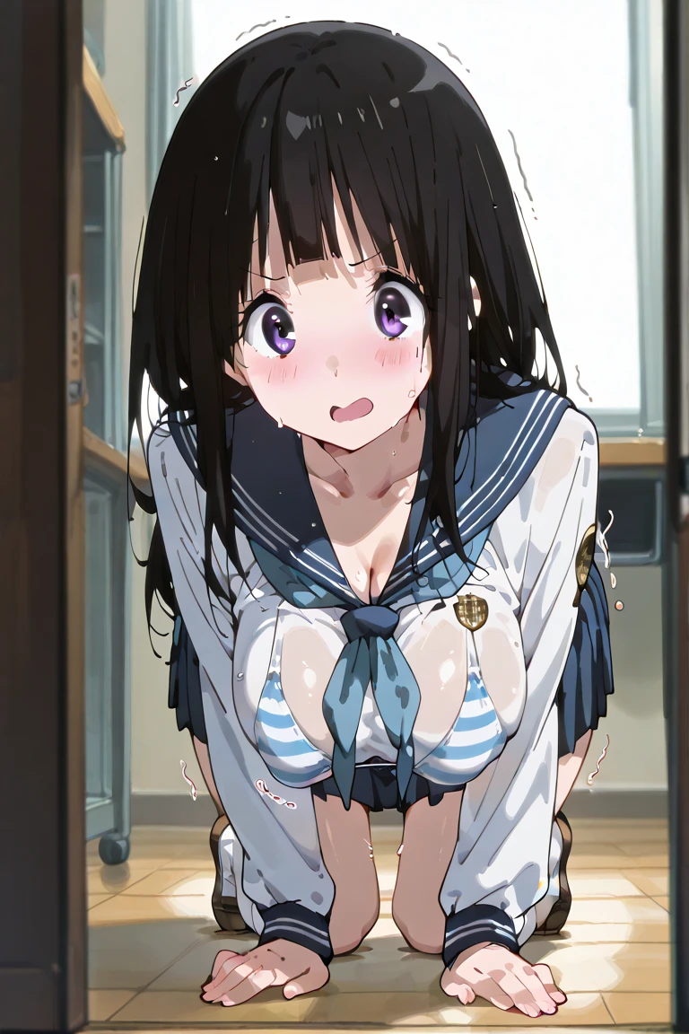 ((((masterpiece、Highest quality、High resolution)、anime)))、Black Hair、Beautiful breasts、(Dynamic pose)、looking at the camera、(Beautiful detailed face、Beautiful big eyes)、((One beautiful girl))、Good sensitivity、((Sexy pose))、((Embarrassed face))、Red cheeks、Spread your legs、(((Blushing with a bitchy expression)))、Disrupting the Japanese sailor uniform、Wear a blue flared skirt