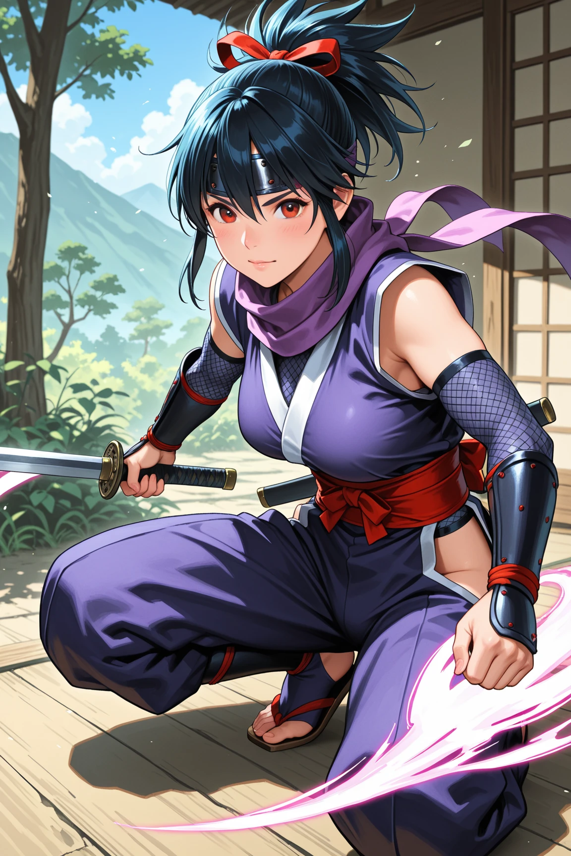 purple eyes, sword, ((holding sword)), blue flames, glowing weapon, light particles, wallpaper, chromatic aberration,1girl, solo, kochou shinobu, butterfly hair ornament, purple eyes, multicolored hair, short hair, parted bangs, haori, wide sleeves, long sleeves, black pants, black jacket, belt,nsfw,erect nipples