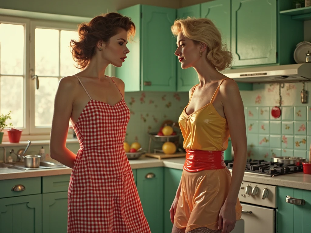 low angle shot, an athletic honey blonde, an athletic brunette, wearing colorful 1950s summer dresses, 1950s hairstyles, breasts big, Not exposed, standing next to a table on a sunny day ((vintage kitchen)), looking away from viewer, beautiful view through the windows, 8k sensual lighting, warm lighting, Extremely photorealistic 4k, cgsociety uhd 4k highly detailed, trends on cgstation