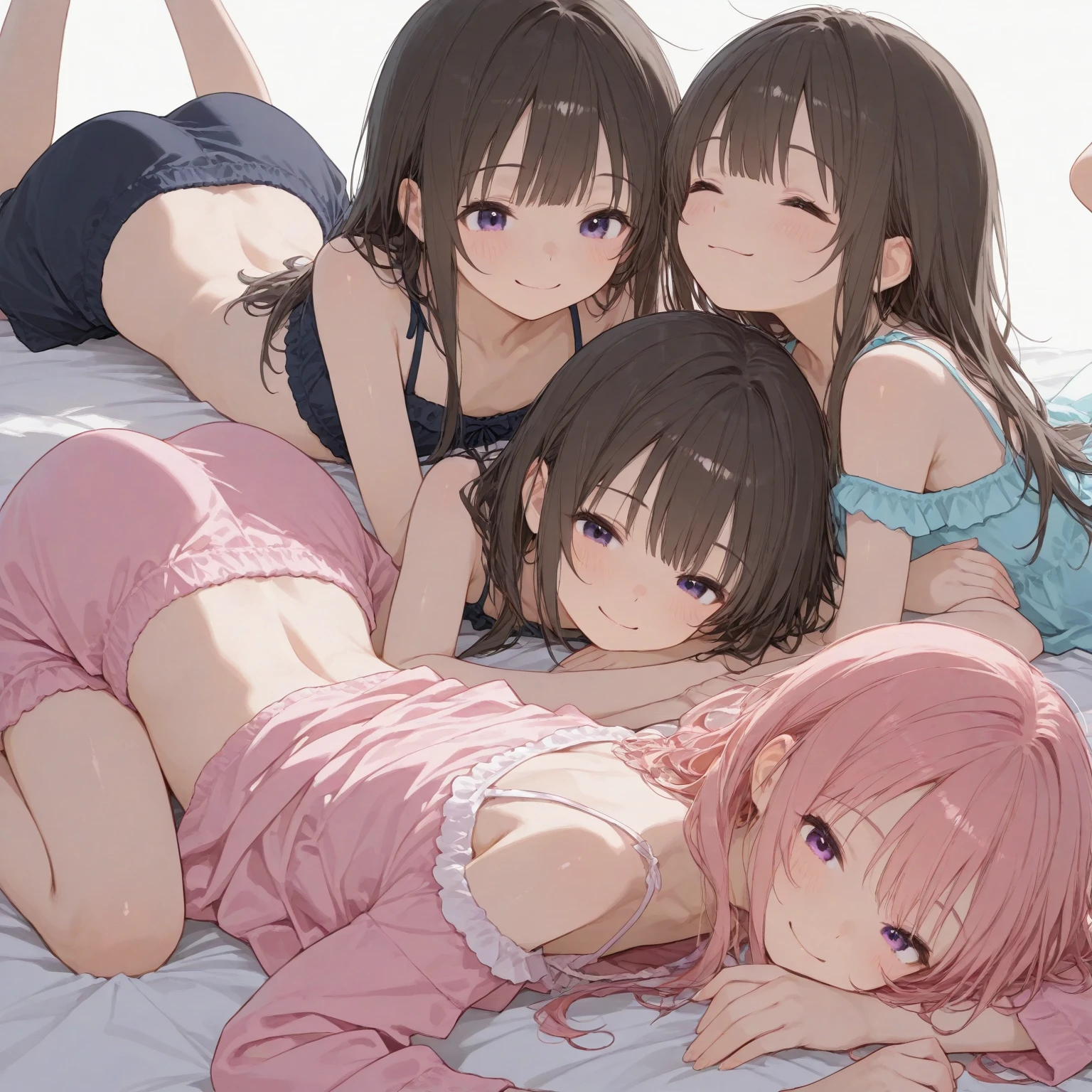 (Best quality, 8k, 32k, Masterpiece, UHD,:1.2),RAW, (3girls),ultra cute , natural lighting,transparent shining eyes, 20yo,medium breast ,fair complexion ,flushed face, ((Beautiful medium breasts)), ((bare breasts)), (Pink floral hair ornament), brown hair, (sheer microbra:1.6), cameltoe, School, classroom, soft smiling, nsfw, (((Only bra and panties)))
