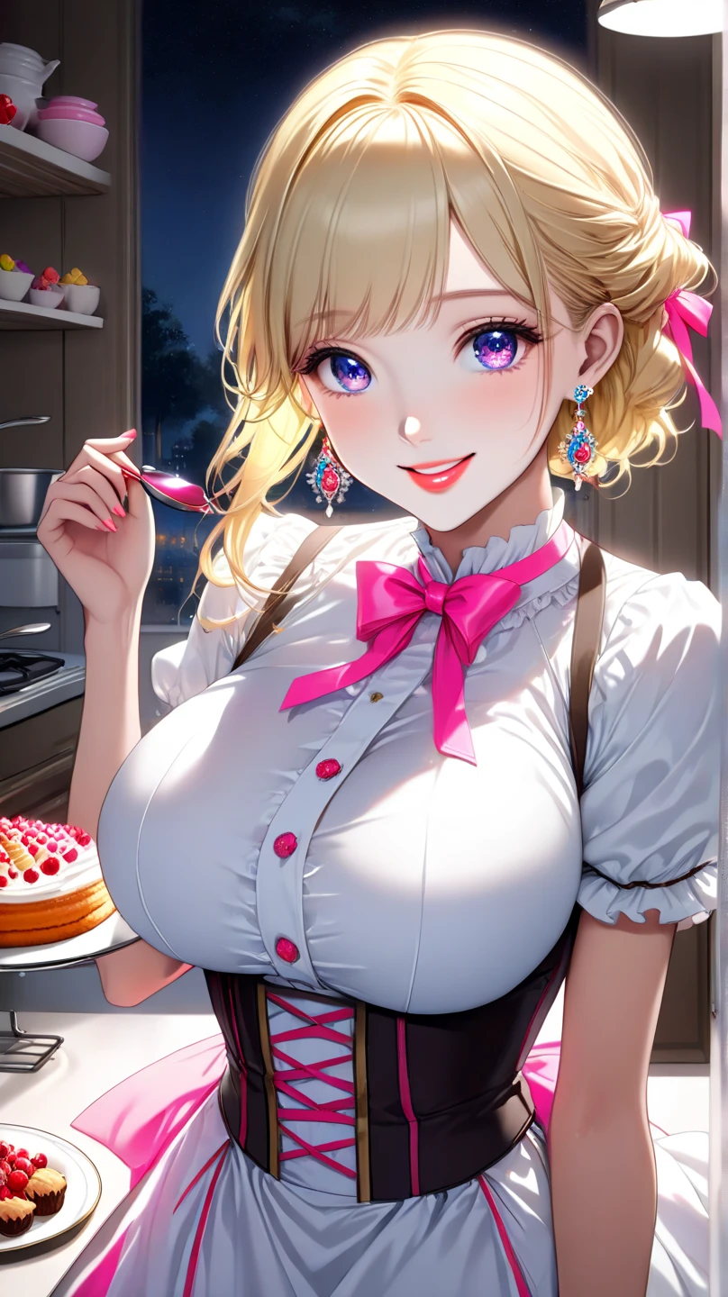 (dynamic angle:1.3, front view:1.1, breast focus:1.3, from below:1.2), (dynamic posing:1.5, sexy posing:1.2, leaning forward), (seductive smiling:1.3), ((looking at viewer, holding a cake)),highest quality、(real、photorealistic:1.4),(ultra high resolution, 8K RAW photo, clear focus), best qualtiy, natural lighting, field depth, (Bright pupils, detailed beautiful eyes, high detailed face), Red lip, (tight focus:1.2, from below), sexy posing, a girl 22yo old, teacher, wearing a , bootyshorts, Thicc, thin breast, long hair, blue eyes,off-shoulder dress, sweater dress, off-shoulder sweater, red sweater,garter stocking, cleavage:1.1, midriff, black shorts, black thighhighs, thigh strap, pretty girl, (highly detailed beautiful face and eyes,firm breasts),real skin,((black,hair,long pony tail hair)),thin pubic hair,cute,lovely, detailed eyes, This masterpiece is only visually stunning but also tells,(double breasted:1.2,under bust:1.2),(with sparkling eyes and a contagious smile),open mouth, Looking at Viewer, posed cleavage:1.2,pose muy sexy"