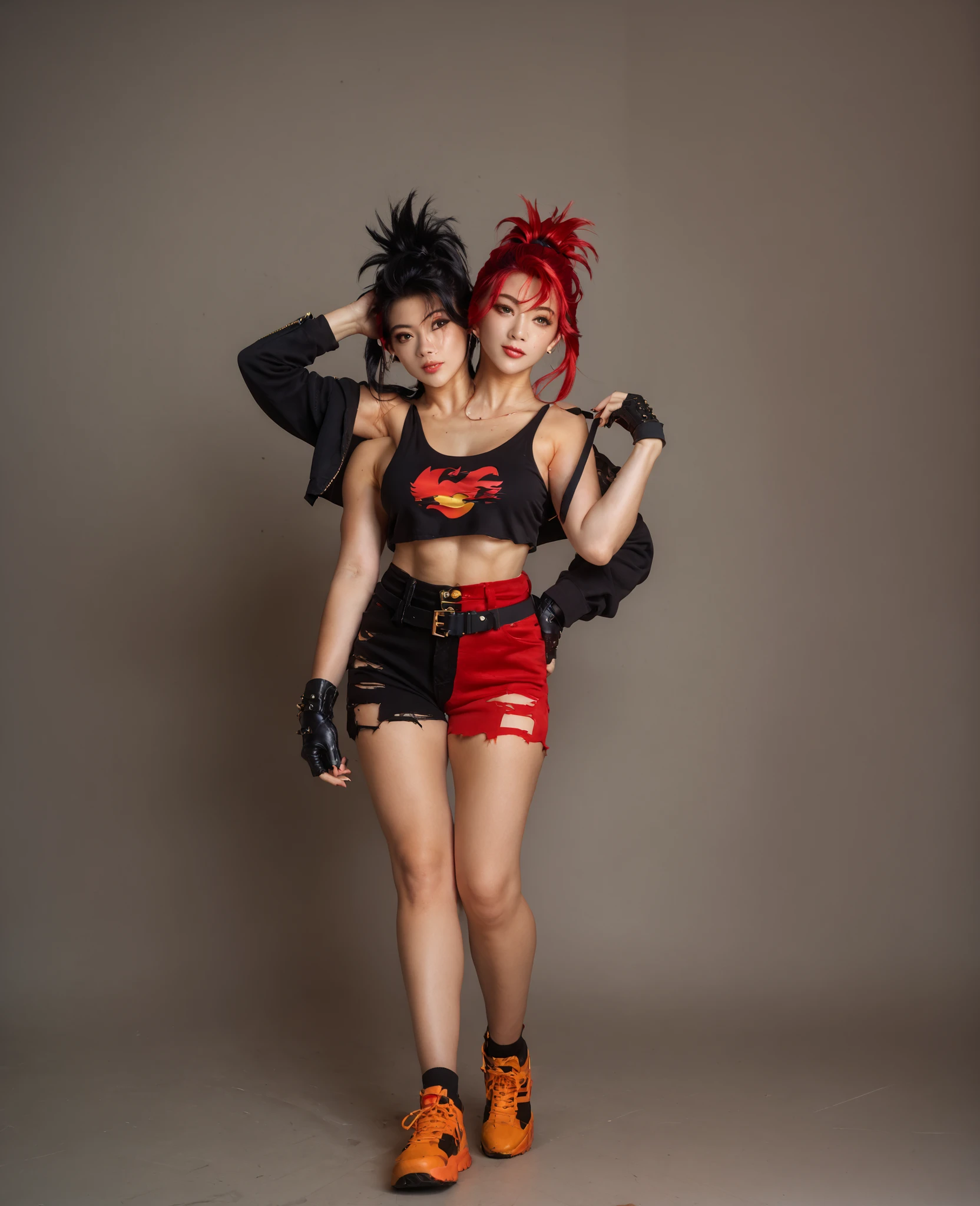 best resolution,anime woman with two heads, gold eyes, different hair colors, red hair, black hair, different hairstyles, different hair-lengths, short hair, long hair, spiky hair, straight hair, hair down, tanktop, one shoulder bare, torn pants, gloves, high leather bootschokers,four arms