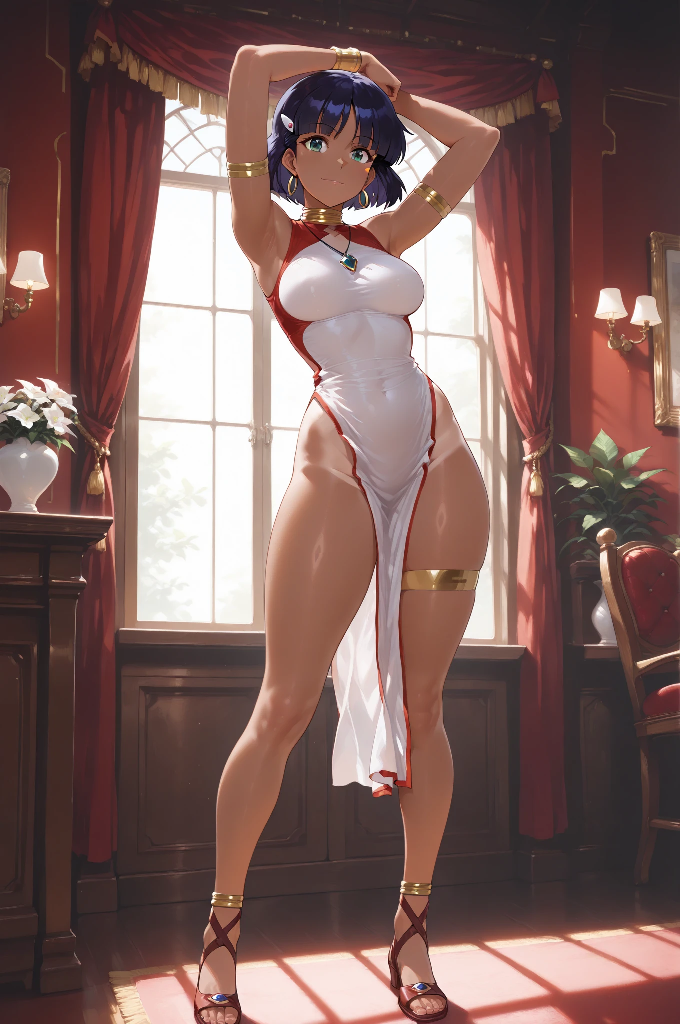 (masterpiece, best quality), intricate details, 1girl, Bridesmaid Muscular full body woman White hair White braid Motherly body smile Porcelain skin Red heels with feet together Long hair Hands on waist Navel Strong abs Direct look Perfect lighting Masterpiece High quality