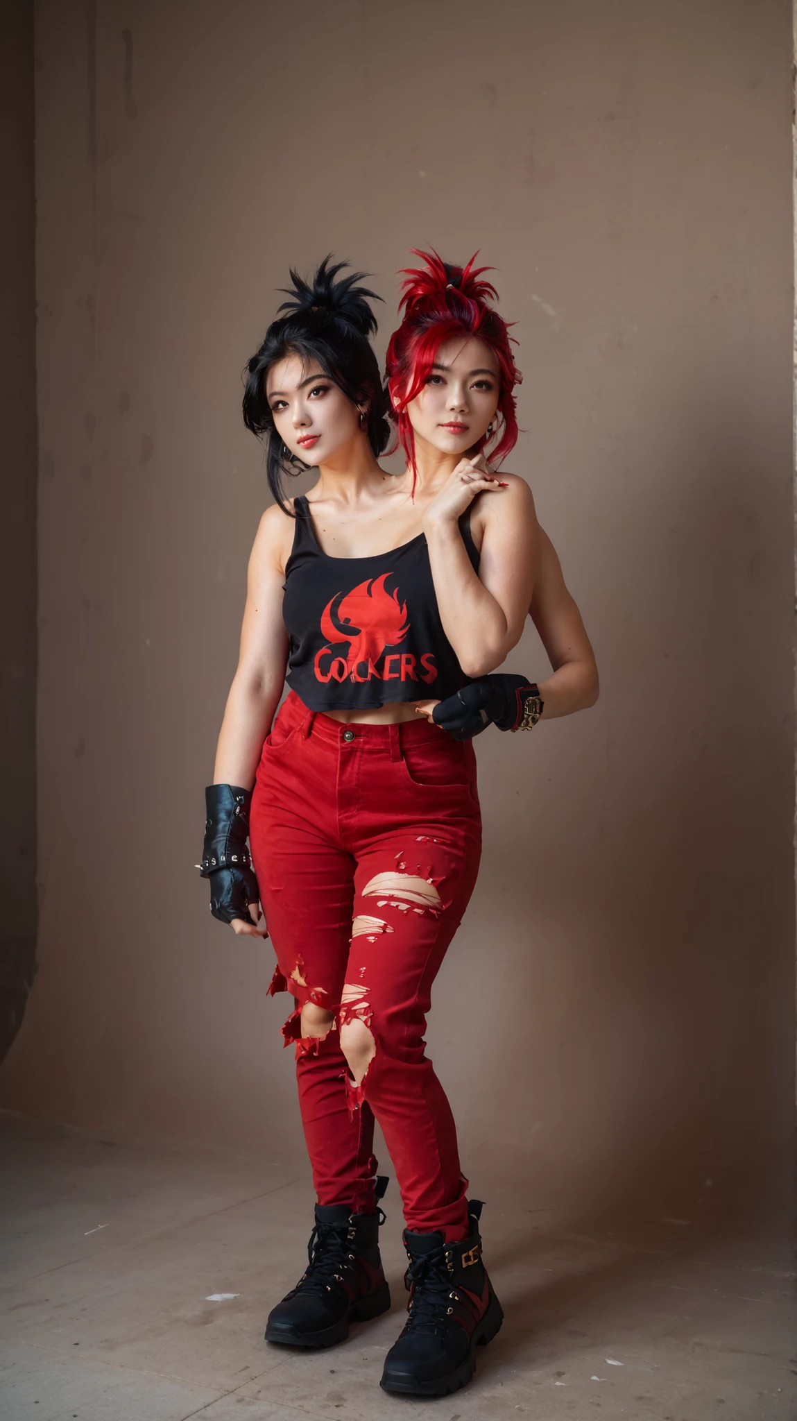 best resolution,anime woman with two heads, gold eyes, different hair colors, red hair, black hair, different hairstyles, different hair-lengths, short hair, long hair, spiky hair, straight hair, hair down, tanktop, one shoulder bare, torn pants, gloves, high leather bootschokers,four arms