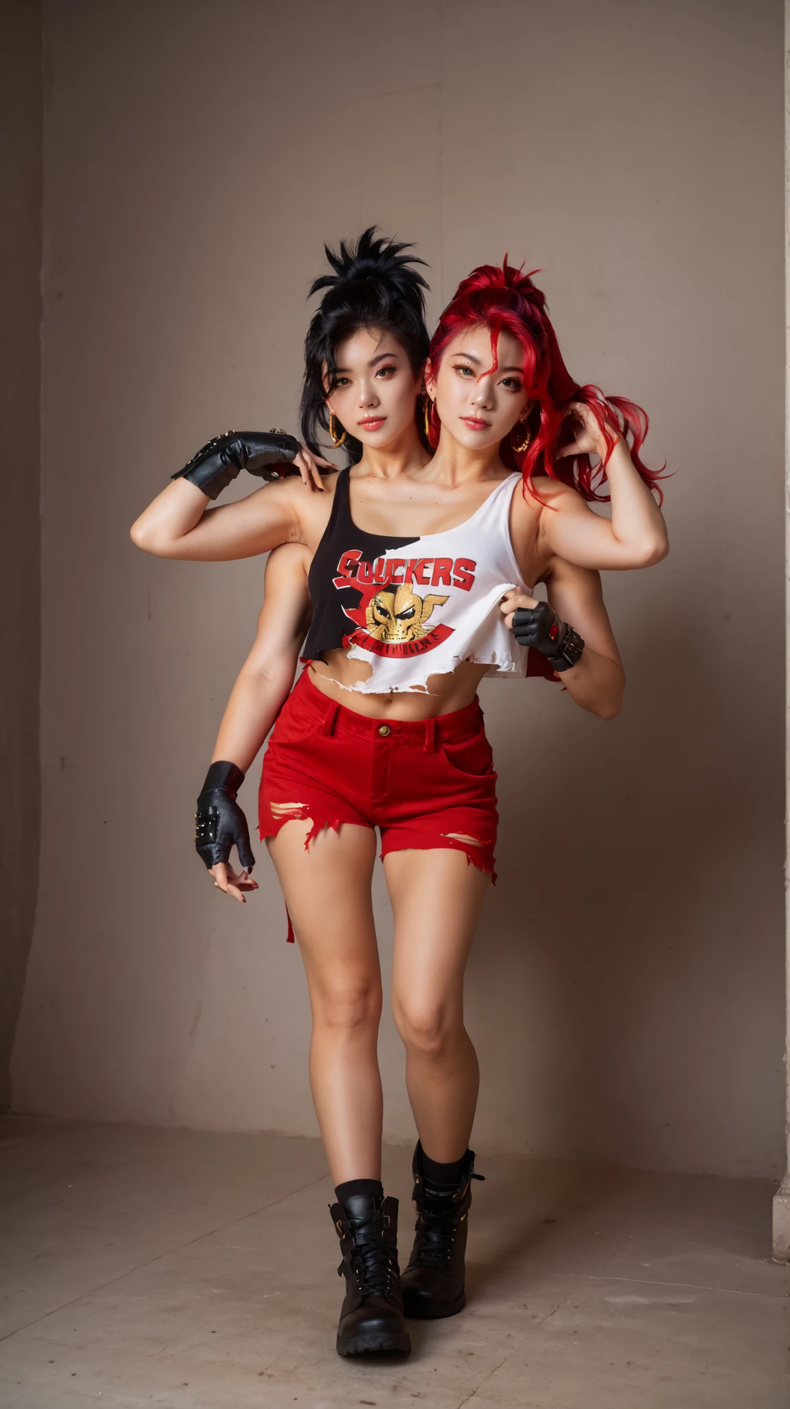 best resolution,anime woman with two heads, gold eyes, different hair colors, red hair, black hair, different hairstyles, different  hair-lengths, short hair, long hair,  spiky hair, straight hair, hair down, tanktop, one shoulder bare, torn pants, gloves, high leather bootschokers,four arms