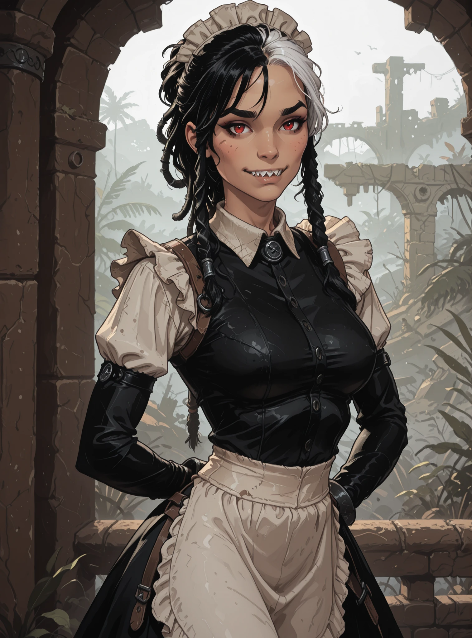 Slender body. White skin. Cute 18-year-old Asian girl with Asian red eyes and sharp teeth and dreadlocks with white highlights. She has a cute and beautiful face. She has a round and ish face with a pointy chin. Her body is athletic with abs. She wears medieval leather maid dress. Background: medieval jungle ruins. Realistic lighting. DnD art-style. Looking at the viewer.