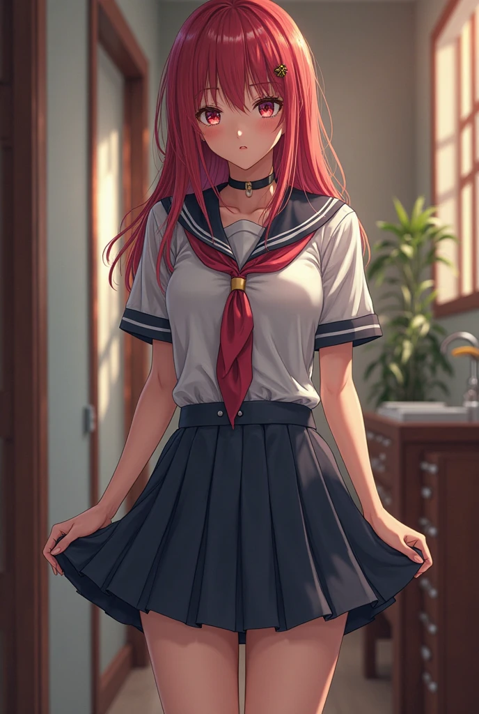(masterpiece, best quality:1.2), in the bath , wet clothes, soaked, wet hair, wet skin, translucent, glistening with oil , dishevelled , solo, 1girl, school girl uniform , steam , plaid skirt , pleated skirt , The shirt is tight. , white shirt , school girl , red bow , red knot , red eyes, intricate, highres, 8k, detailed hair , wet and sweaty , wet white shirt , clothes were so wet that her breasts could be seen  , Nipples can be seen through , Soak in water , honoka dead or alive , skull hair ornament