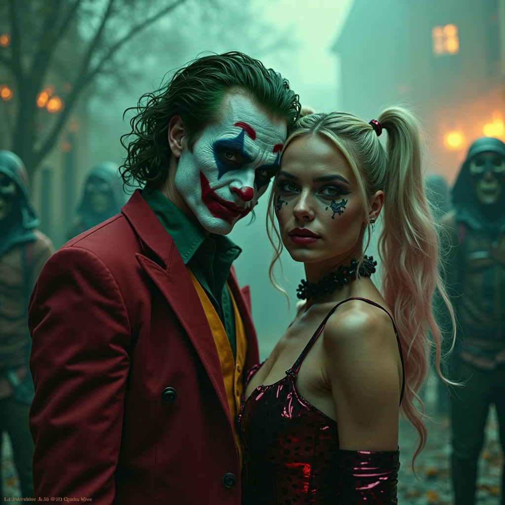 Image haute qualité 16K, photo realistic, seen very close. The man, resembling Heath Ledger as The Joker and a woman resembling Margot Robbie as Harley Quinn stand in a narrow, dark catacomb. their hair is wet, dégoulinant d'eau, tout comme leur visage, où le maquillage emblématique du Joker a commencé à couler. Les lignes noires de ses yeux se sont estompées en traînées sinistres, et son sourire rot sanglant semble déformé, ajoutant à l'horreur de son apparence. L'expression de son visage est effrayante, avec un sourire moqueur qui dégage une menace palpable. Her eyes, almost crazy, sparkle with a malevolent glow, rendant son regard terrifiant. Water drops slowly fall from the low, vaulted ceiling, giving the scene an even more oppressive and claustrophobic atmosphere. The ceiling is so low that his head almost seems to touch the vault.. He holds a flickering candle in his hand, the faint flickering light partially illuminating his face twisted into a cruel smile, while the rest of the catacomb remains plunged into darkness. La lueur de la bougie accentue les ombres sur son visage, créant des contrastes inquiétants qui amplifient la sensation de peur. The background is almost completely black, plongeant le reste de l'espace dans une obscurité insondable, as if evil emanated from this darkness. La combinaison de l'humidité étouffante, des murs suintants, and the man's terrifying expression creates a scene of pure terror, où le danger semble tangible, and the possibility of escaping this horror is non-existent. Harley Quinn se tiens très proche du joker, Her face is made up in white, rappelant le style d'un clown, avec des traits accentués des yeux soulignés de noir épais et un rot à lèvres vif, rot . She has a mischievous look, malicieux, un sourire en coin. has a small black heart drawn on the cheekbone.
