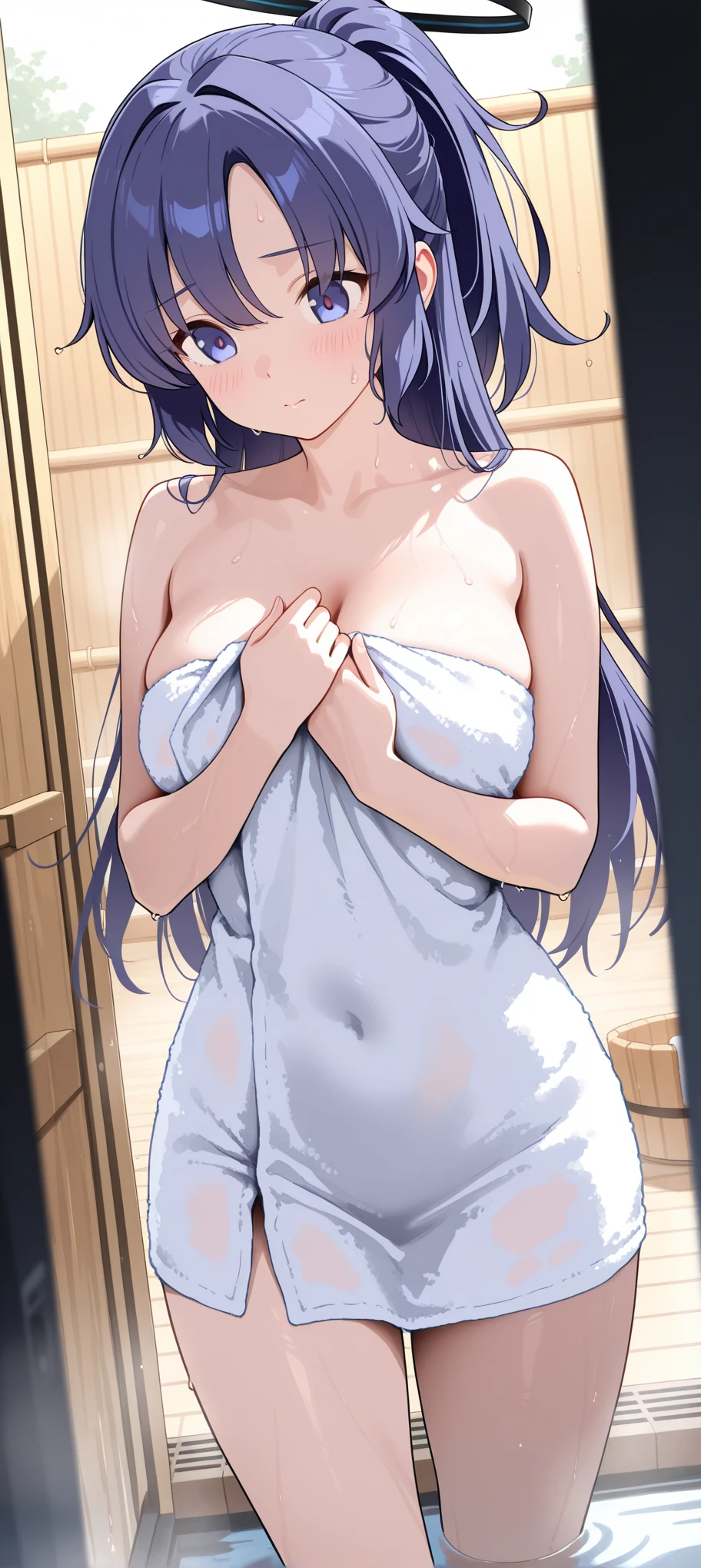 Score_9, Score_8_up, Score_7_up, ASCII masterpiece, source_anime, BREAK, 1women, solo, mikuizayoi, miku izayoi, bangs, blunt bangs, hime cut, hair ornament, long hair, blue eyes, blue hair, blush, naughty face, big breasts, thin waist, wide hips, beautiful skin, beauty, extraordinarily beautiful woman, attractive woman, super sexy,)), closed mouth, looking at viewer, serious, satisfied smile, sitting, spreading legs, elbow Rest, sauna indoor, steam, wood, sweat, shiny skin, towel, completely naked, resting, towel covers small part of her body,