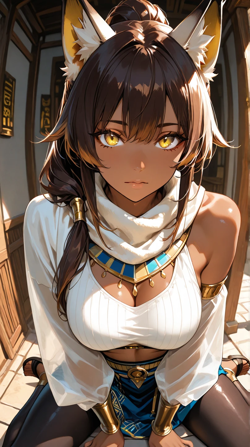 sfw, full body image, 1 black girl, big green eyes, (small breasts:1.2), Brown leather, tanned, golden choker with an ankh, wide view, Chapped lips, full lips, short wavy hair, half hair, ((dressed in bandages like a mummy)) , messy fur, Very detailed, soft tones, extreme detail, No background, (Detailed textures:1.1), dramatic light, surprised expression, high depth of field. She wakes up startled inside a sarcophagus and sits up startled, It is in a palace in Egypt, There are a couple of priests prostrate on the ground worshiping her