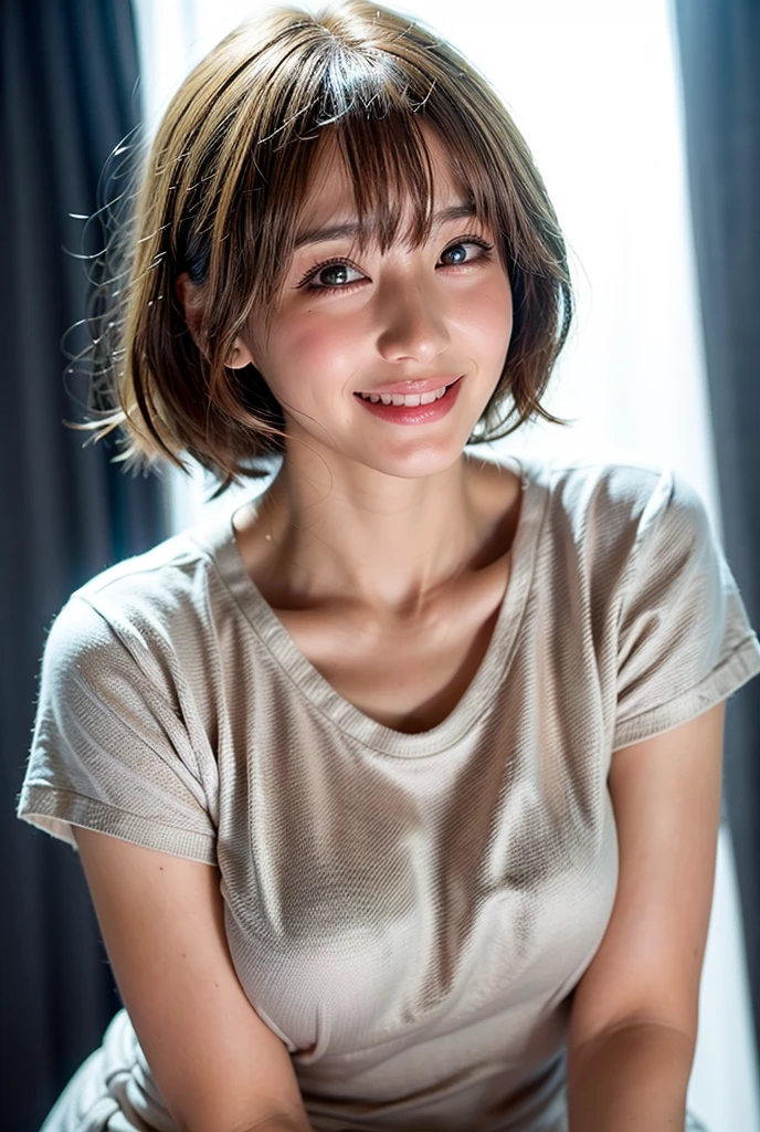 (Highest quality,8K quality,masterpiece:1.3),(Ultra-high resolution,Realistic:1.4,Live Shooting),(Very detailed,Caustics),(Ultra-Realistic Capture,Beautiful and detailed skin),1,Beautiful Japanese, Medium Hair, Messy Hair, Asymmetrical bangs, Brown Hair, I'm looking at the camera with a smile on my face,Soft Light,A ray of light shining from above,Natural light,(Gray background)、Wearing a white open-collar shirt、(no underwear),
