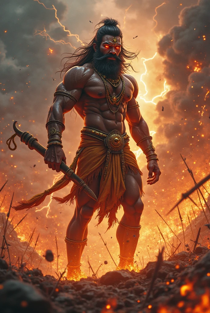 Create a powerful image of Lord Hanuman in his Rudra Avatar. Hanuman Ji should be depicted with a fierce and intense expression, his eyes glowing with divine energy. His body should be muscular, with veins and tendons visible, showcasing his immense strength. He should be holding a large mace (Gada) in one hand, ready for battle, while the other hand is raised in a gesture of blessing. His long tail should be swirling with energy, and his posture should be dynamic, as if he's in mid-leap or ready to charge. The background should be a stormy sky with dark clouds, lightning, and an aura of fiery energy surrounding him, symbolizing his divine wrath and power. The scene should capture the intensity and power of Hanuman Ji's Rudra Avatar, with a divine and fierce atmosphere. 3d animation