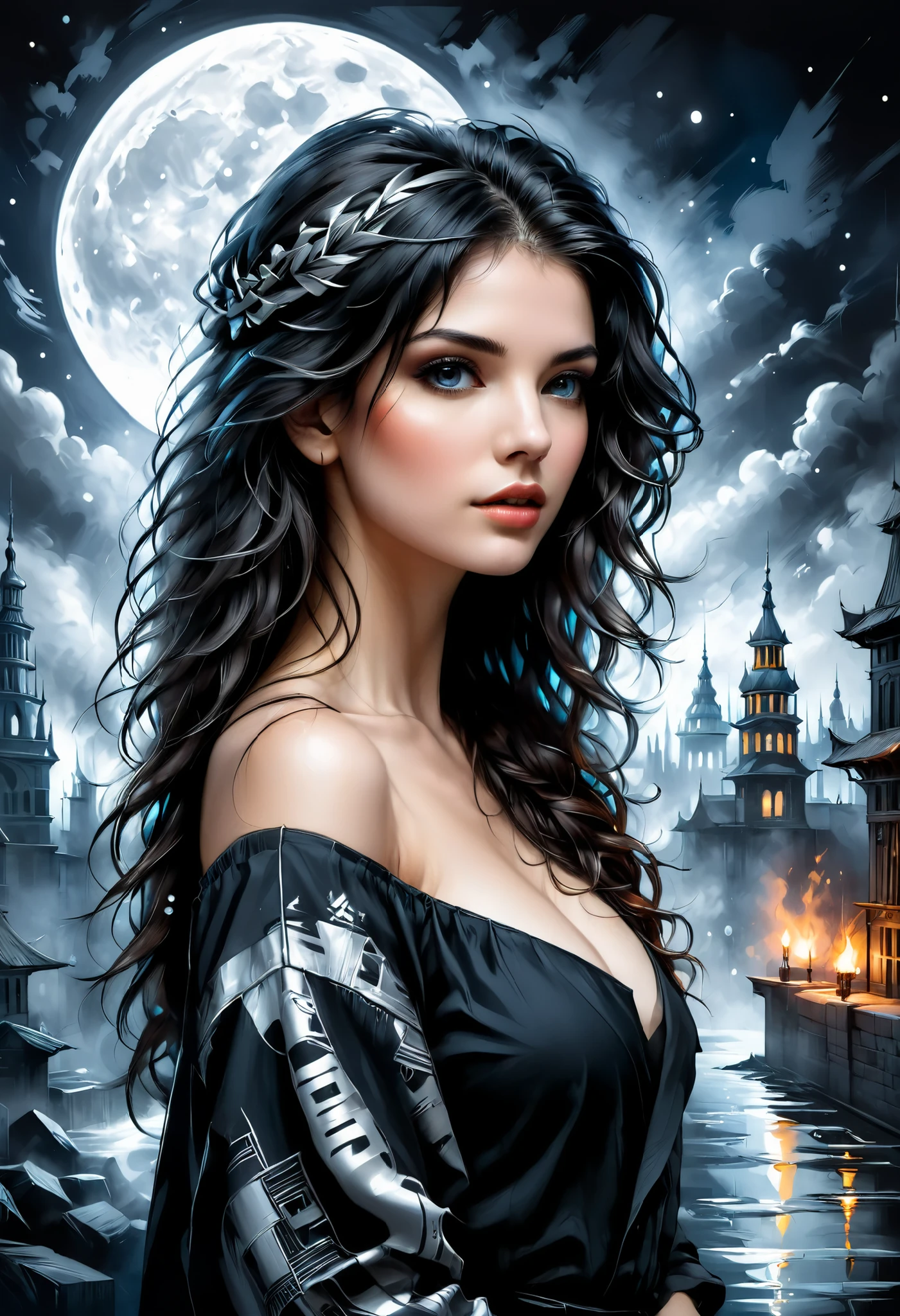 fluorescent horizon, color field Painting, a sense of depth and intrigue, digital brush strokes,
A breathtaking 3D image of a female profile, with dark hair, smoothly turning into abstract shapes and outlines. An intricate hairstyle with curls and ink splashes., creating smooth and dynamic movement. Ink drawing in black and white achieves a balance between realistic facial features and abstract form. The overall style is reminiscent of graffiti, Typography , and anime, with a touch of Dark fantasy and concept art. The background is mysterious , Dimly lit cityscape, tall , gothic buildings and full moon, silver-cast., Painting, concept art, Dark fantasy, 3D render , fashion, bright, Typography , illustration, graffiti, cinematic, аниме andскусство Джованни Больдини, Bastien Lecouf-Degarme, Carne Griffiths, and. Abramson, Raphael, Caravaggio, Cobie Whitmore, Titian, Leonardo da Vinci,