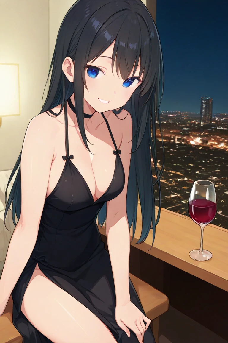((1 girl)),((alone)), hizuru minakata, Masterpiece, Ultra detailed, detailed background, sharp focus, curvy body, looking at viewer, perfect fingers, mature woman, cowboy shot, dynamic pose, hair long, black hair, black glasses, purple eyes, smiling, seductive, standing, black choker, choker, (bare shoulders, , indoor, night, moon, window, beach view, hotel room, Sea view: 1.5, Clouds :1.5), (black lingerie: 1.2), (1-piece lingerie: 1.2), (thigh strap: 1.2), (groin, navel: 1.0), buttocks crease, visible_through_thighs, thigh gap, big breasts , medium waist, medium hips, wide thighs, round butt,((solo)),standing, looking back,from behind,((focus on ass, pov (from below), perfect anatomy, perfect hands
