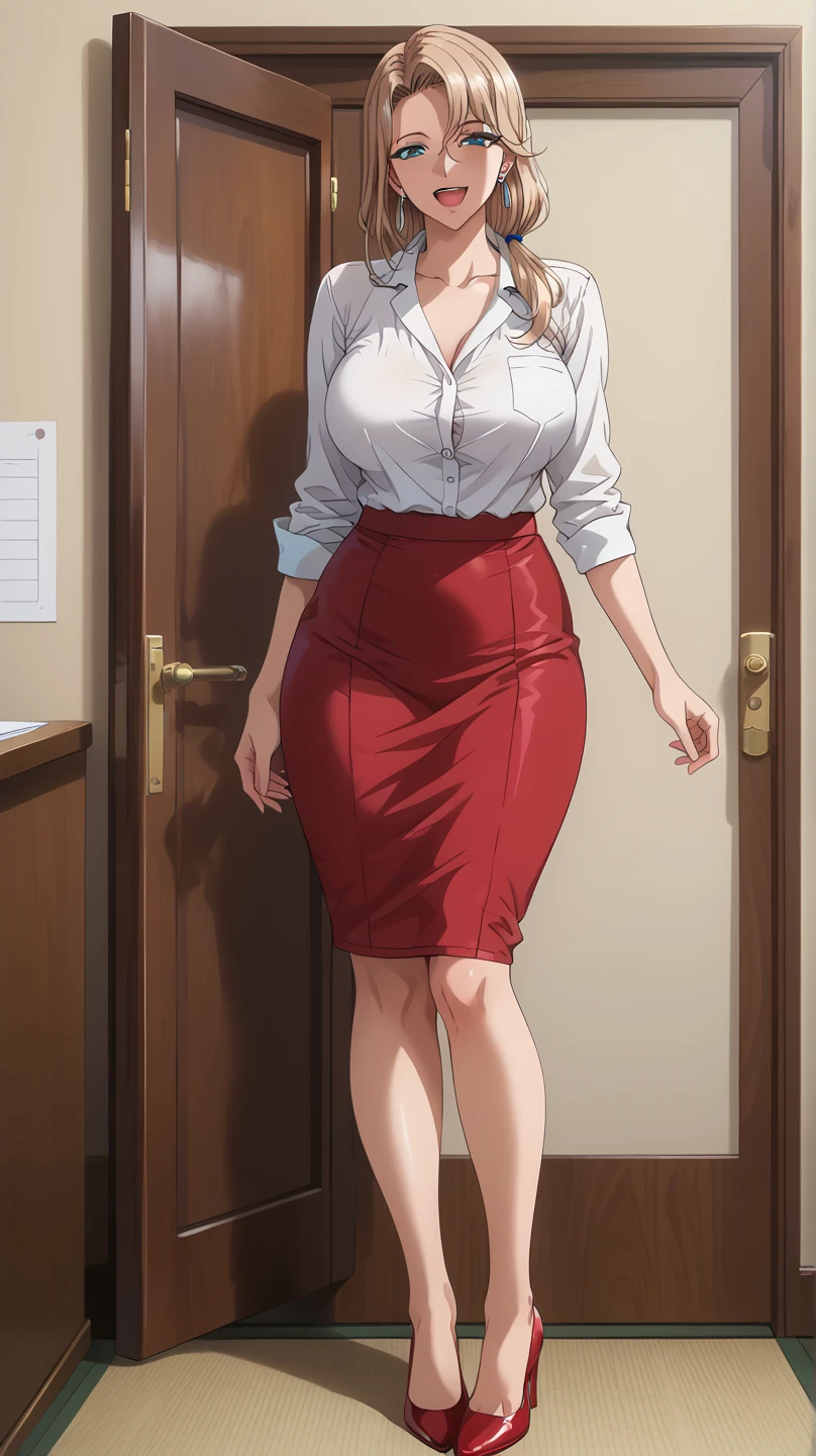 ((super high quality,Ultra-high resolution,16K,super masterpiece,Ultra HD ,Detailed shading,))Full body photo,One sexy woman,Sexy pink dress shirt,popped Tight collar shirts,Red pencil skirt, Looking at the camera,smile,blush,