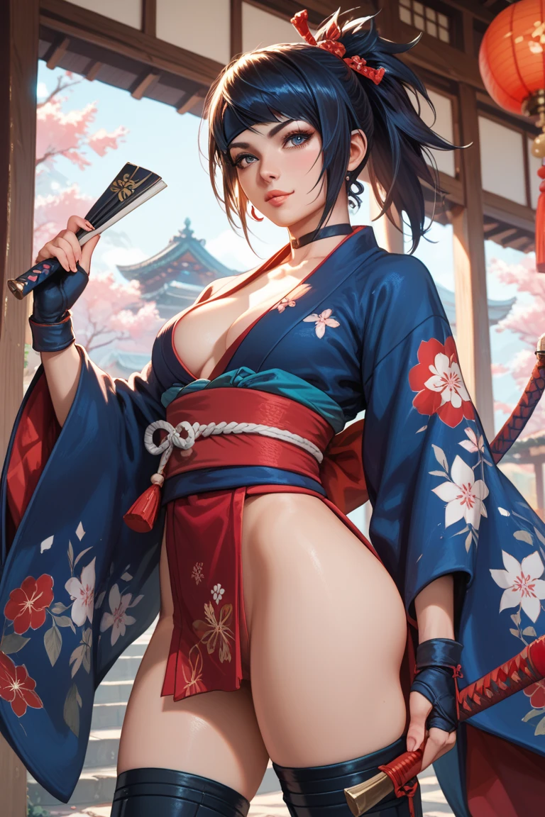 A professional drawing with colored pencils. Una geisha muy tatuada, with a strange expression and a big knife in his hand. Japanese and European style. Colores bien matizados, colores contrastantes. Un poco de estilo de graffiti y arte vectorial. ((La mejor calidad)) ((senos gigantescos masivos))