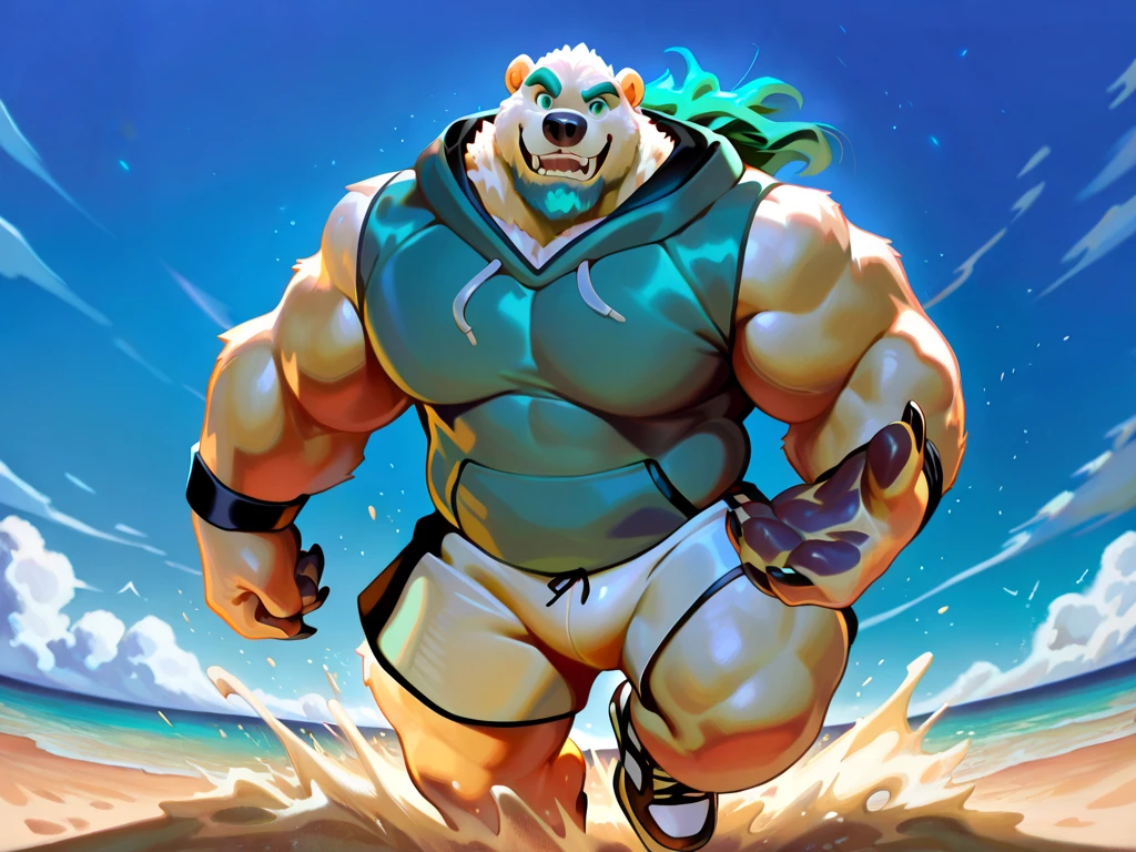 solo, 1boy, Huge Muscular Old Grizzly Bear wearing sunglasses, pectoral, huge pectoral, wide pectoral, huge brown fur, short white hair, black competitive briefs short black wristbands and shirtless topless, bearded, Moustache, surf board, background, masterpiece, high detailed, 8k, high resolution, at the ocean, surfing the waves, riding the surfboard, gliding on the surfboard