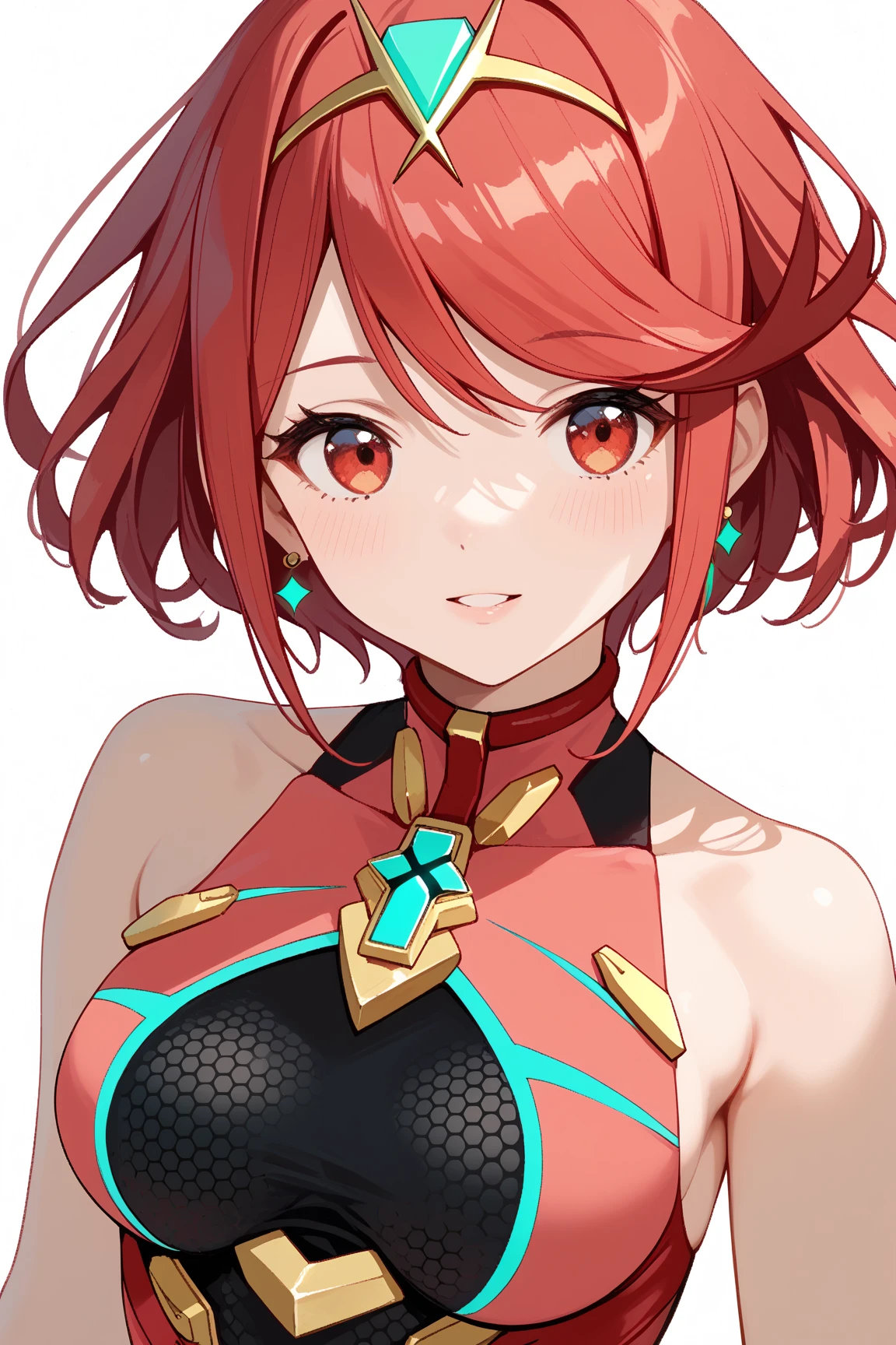 (masterpiece), best quality, expressive eyes, perfect face, busty, cleavage, large breasts, bare arms, smile, simple red background, muscular body, pyra, pyra \(xenoblade\)