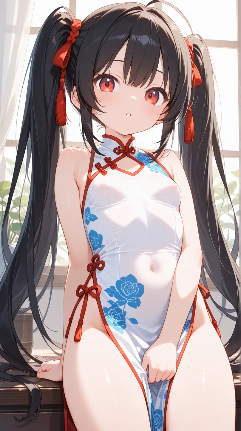 girl whit: "((((professional: Step by step, taking into account even the smallest detail, God-level final result, all intricate details, cowboy shot, solo 1girl view))): "1 fox girl, ruby eyes, fox ears, fox tail, high ponytail, firm breadium breasts, sme, short black china dress, very low-cut, (light clothing very thin and transparent like air), side full body, pelvic short curtain, thigh ribbon, (pumps:1), (hugging own leg:1.1), chinese style, indoors, sharp focus, see nude, covered bodyoking at viewer, (intricate:1.3), red light theme, (orange tone:0.7), illustration)")"