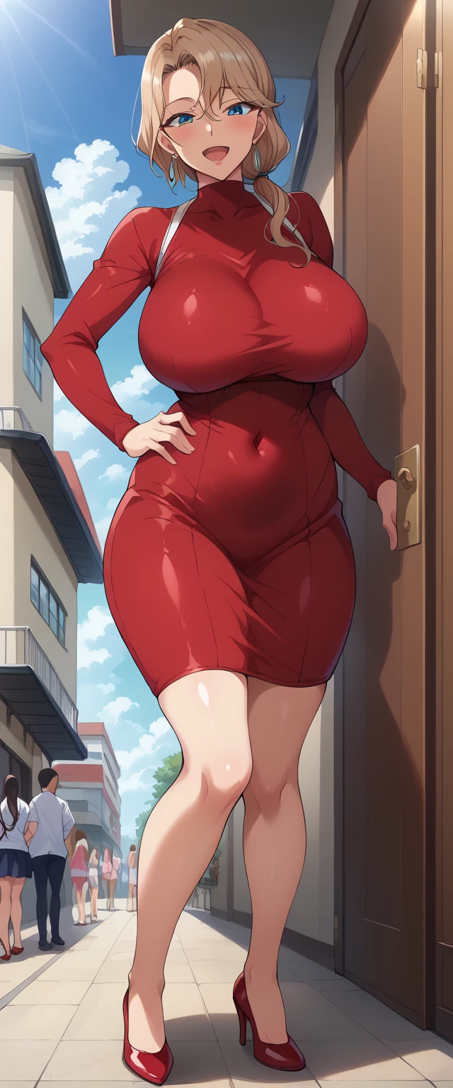 (NSFW), Misae Nohara, milf, thick thighs, sexy legs, hourglass figure, half naked, Looking at the viewer with seductive eyes, man woman sex, exposed breasts, brown short black hair, seductive expressions, seductive pose, hard nipples, exposed vagina, hard sex, best quality, highres, bbyorf, gold earrings, large breasts, jewelry, off shoulder, red transparent sweater black stockings, high heels, sweater transparent dress, long sleeves, no panties, outdoors,