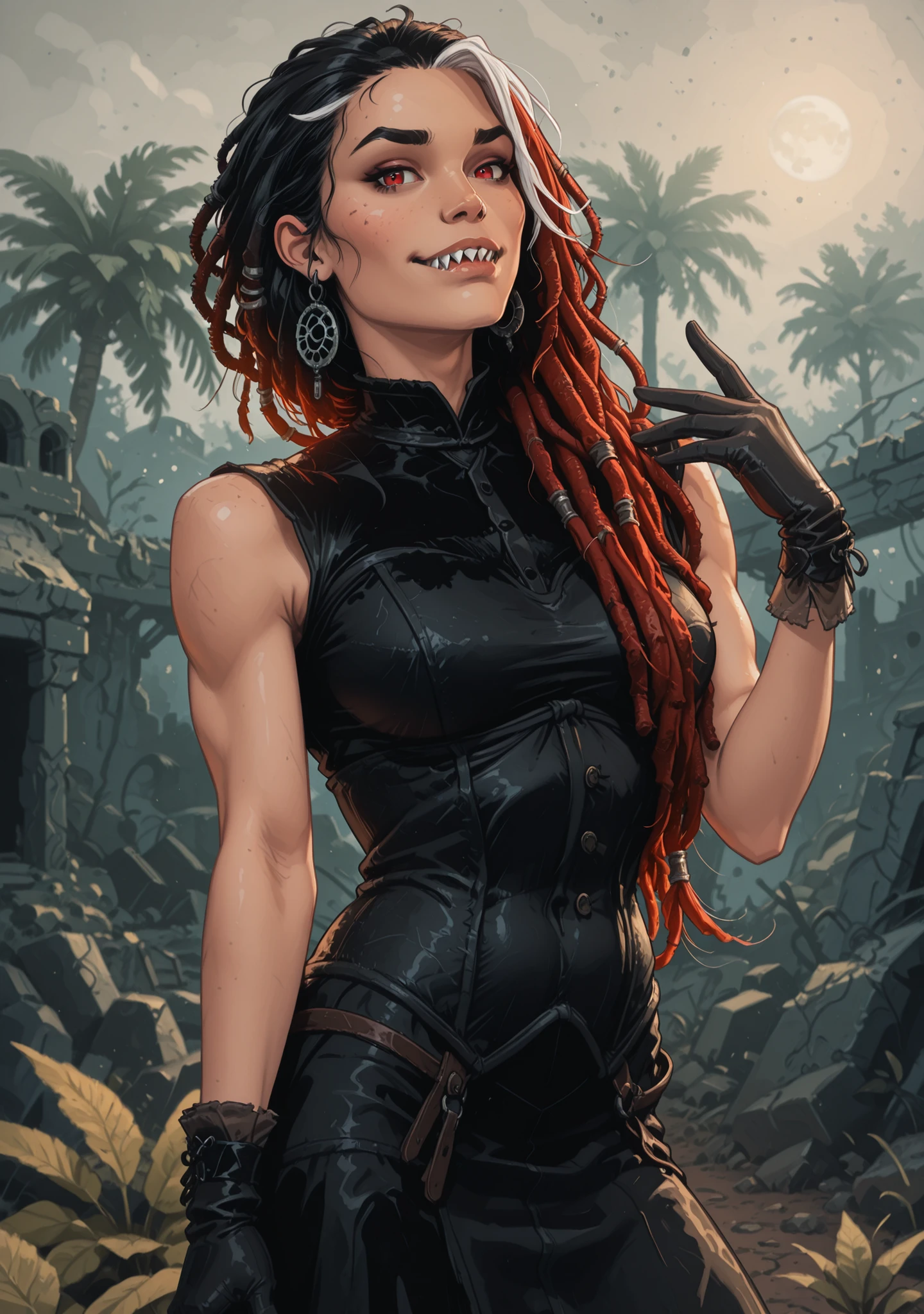 Slender body. White skin. Cute 18-year-old Asian girl with Asian red eyes and sharp teeth and dreadlocks with white highlights. She has a cute and beautiful face. She has a round and ish face with a pointy chin. Her body is athletic with abs. She wears medieval an intricate medieval leather dress with corset and buttons. Background: medieval jungle ruins. Realistic lighting. DnD art-style. Looking at the viewer.