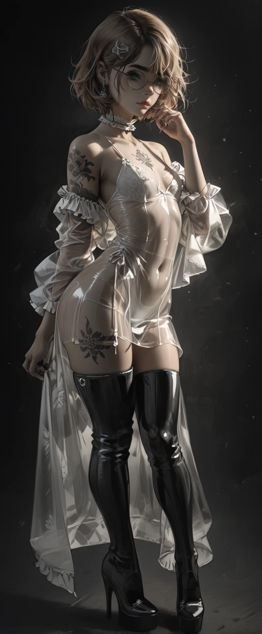 Super detailed, Highest quality, 8K, Ultra-high resolution, Black Hair, One Woman, amount, Glasses, Stiletto heels, Midnight, Slim figure ,Straight Hair, short hair, Glasses , (((Sweat, vapor))), sheer turtleneck dress, skin, Stiletto heelsサンダル, Beautiful feet, ((((blush)))), Dark room、Full body paint、Detailed face、Delicate facial features、Detailed skin、Shiny skin、(((Detailed face)))、Delicate facial features、Detailed skin、Black glossy stockings、Beautiful Face、Perfect Face、非常に精巧でBeautiful Faceと目、Attractive face、Top view、Respect、Nightclub、Back view
