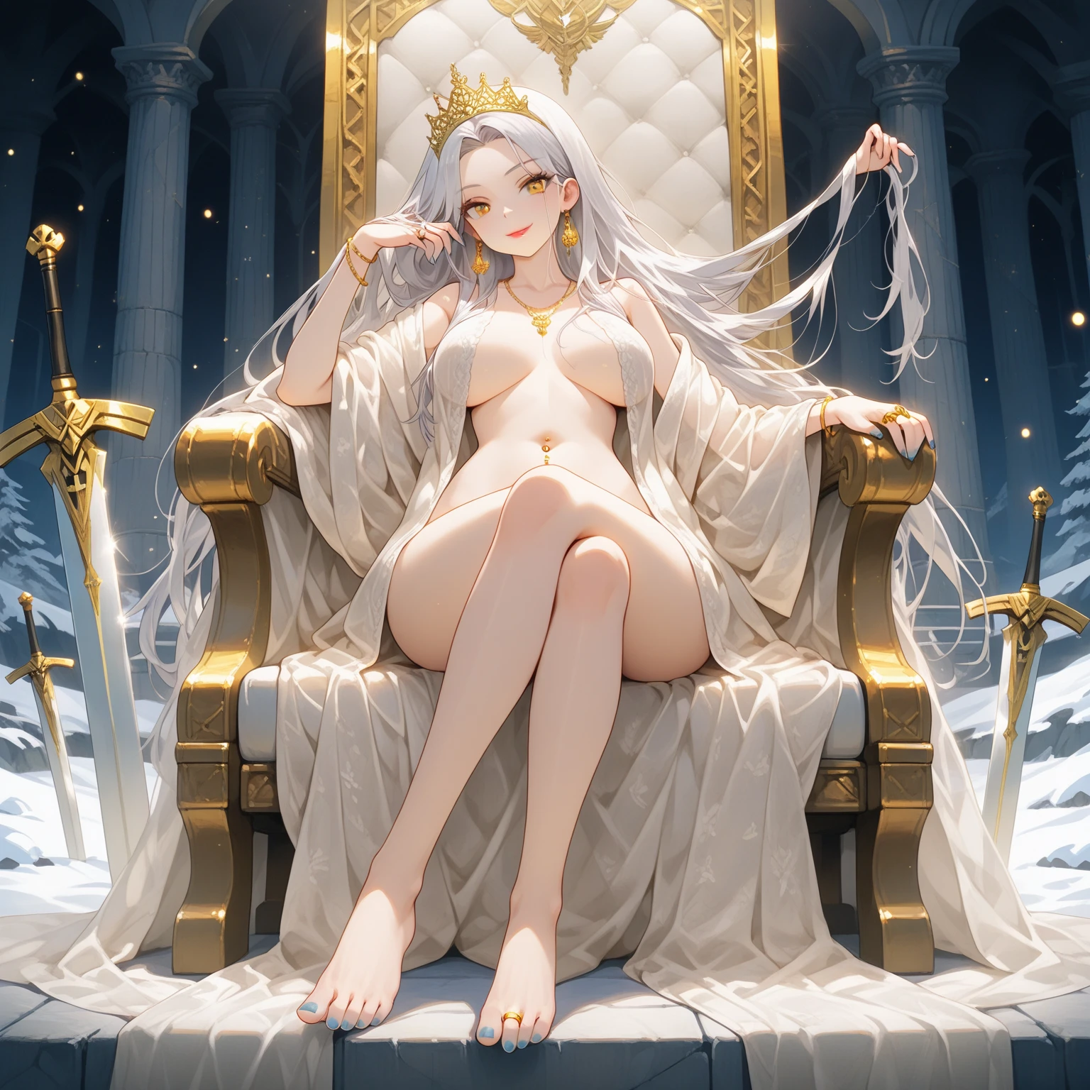 ultraclear,4K,one-girl,bath robe,wavy and long hair,White hair,huge tit,Gorgeous golden throne,Full body like,stocklings,without wearing shoes,