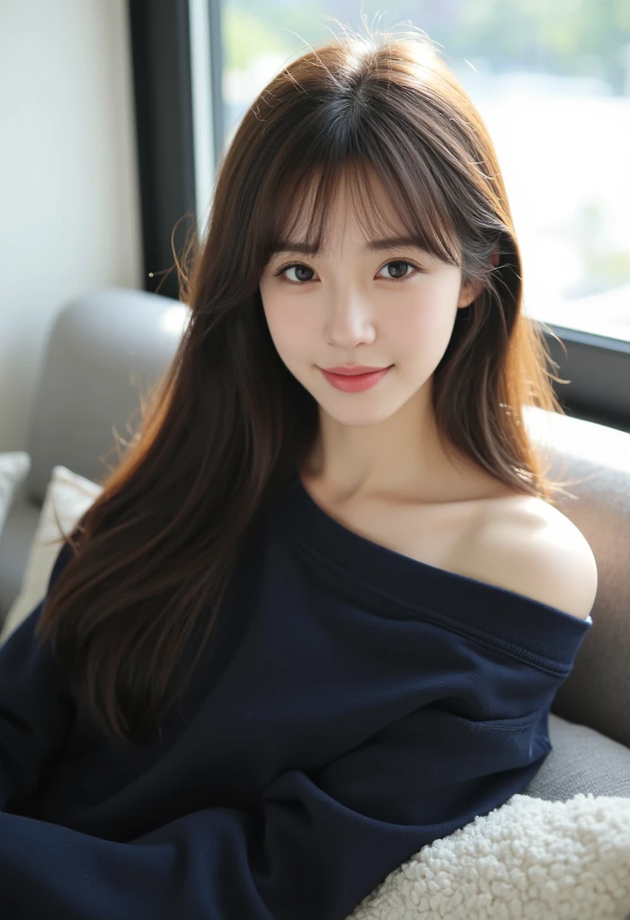 (8k,highest quality),one's home,smile,High school girl in room clothes,big eyes,Thin nasal muscles,healthy white skin tone,(brown hairstyle),blur the background,((big breasts))